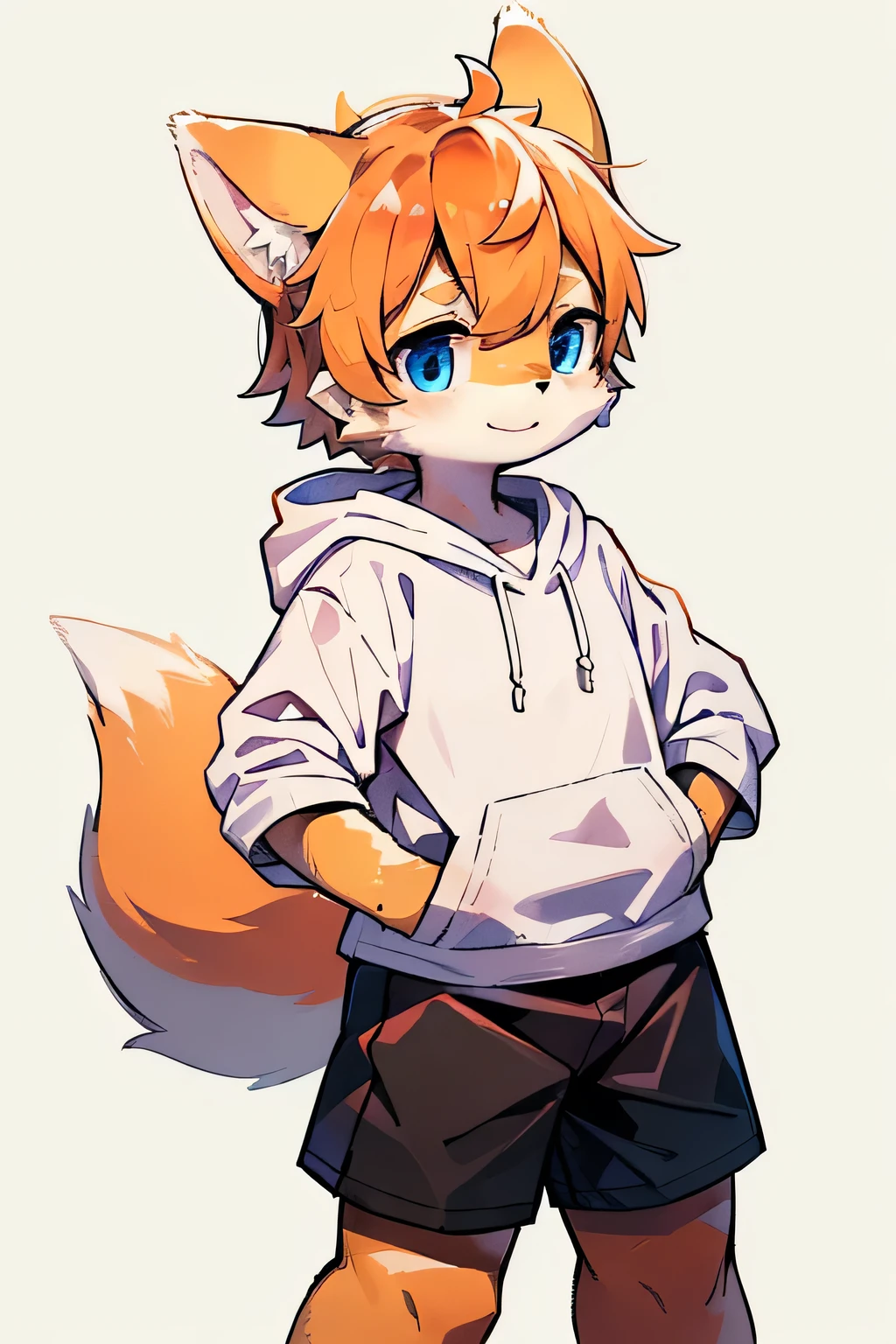 Right hand on hip Standing with hand on hip, White shirt and navy shorts (orange fur, Shiba inu beastman, blue eyes, *brown fur*, orange fur on legs, hairy, boy, cute), hoodie, orange and white fur on face, mischievous smile, a little mischievous, Junior high school student, Anime, Pop