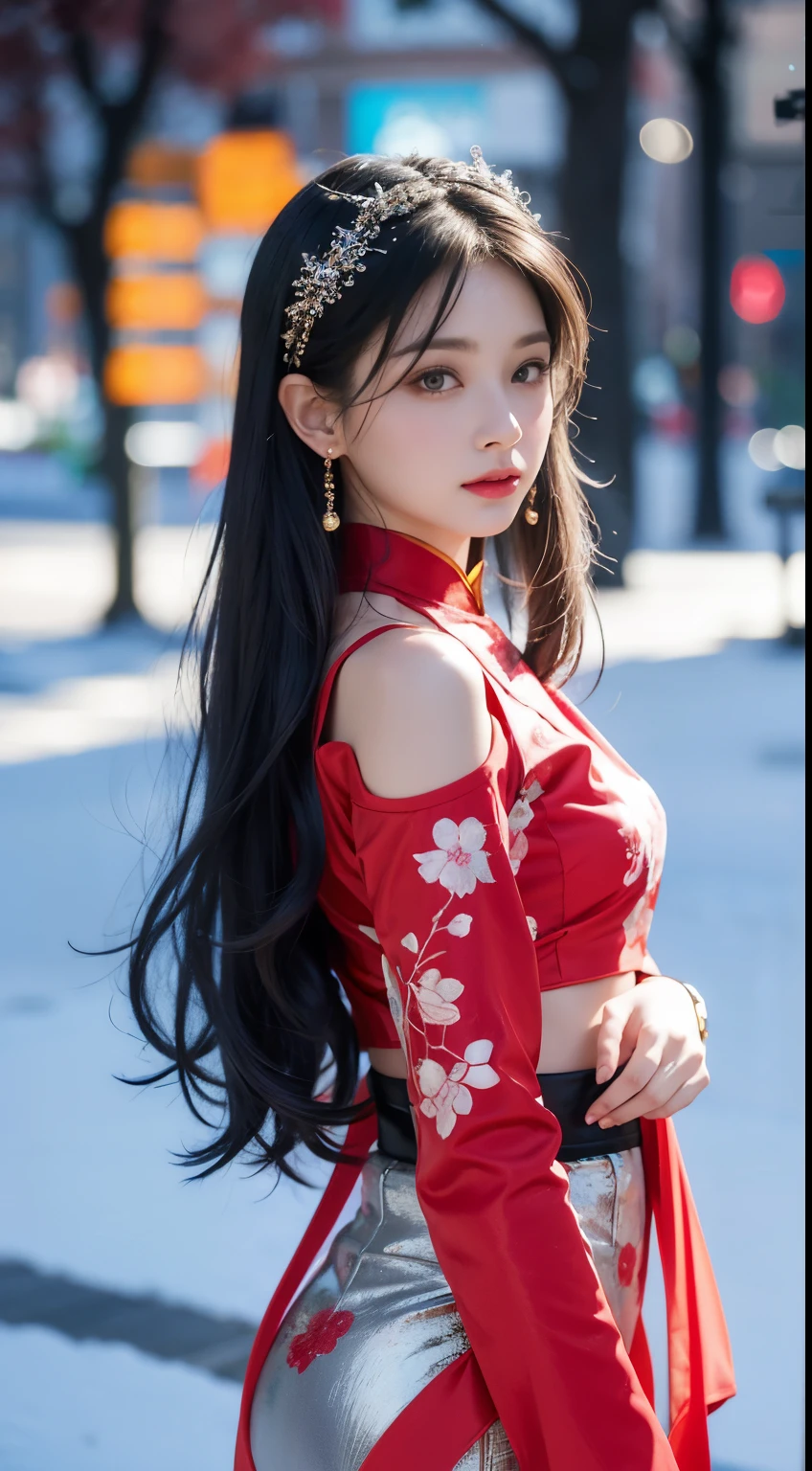 32k（tmasterpiece，k hd，hyper HD，32k）Long flowing black hair，Ponds，zydink， colour，  Xuzhou nationality （Seduce a girl）， （Red scarf in the snow）， battle posture， Looking at the ground， Long grey hair， Floating hair， Koi print headdress， Chinese Long Sleeve Silver Cheongsam， （Abstract gouache splash：1.2）， Pink petals background，Forget about flying flowers（realisticlying：1.4），black colored hair，Falling leaves flutter，The background is pure， hight resolution， detaileds， RAW photogr， Sharp Re， 「Nikon D850 Film」Jeff Fries Lee 4 Kodak Portra 400 Camera F1 Stock Photo.6 shots, Rich colors, Ultra-realistic vivid textures, Dramatic Lighting, Unreal Engine Art Station Trends, Synestil 800，Long flowing black hair，see-through transparent clothes,The belly button and the surrounding area are exposed,Shoulders exposed skin,Small breasts,Small Bust,Small waist,Small waist,Slim figure,Are thin,Small Ass,Small, flat hips,small and flat bust,