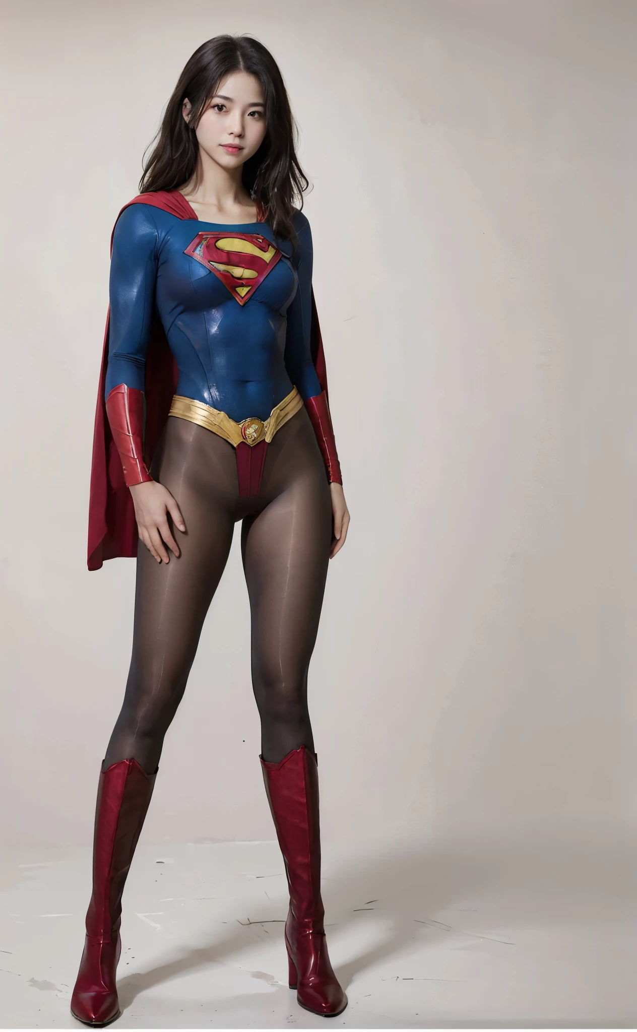 No background、(((Beautiful legs in black tights.)))、(((Legally express the beauty of your smile)))、((((Make the most of your original images)))、(((Body-hugging Supergirl costume)))、(((Supergirl Costume)))、(((Beautiful Hair)))、(((suffering)))、(((Please wear black tights....、Wear red boots)))、((Best image quality、8K))、((Highest quality、8K、masterpiece:1.3))、(((Preserve background )))、Sharp focus:1.2、Beautiful woman with perfect figure:1.4、Slim Abs:1.2、Wet body:1.5、Highly detailed face and skin texture、8K