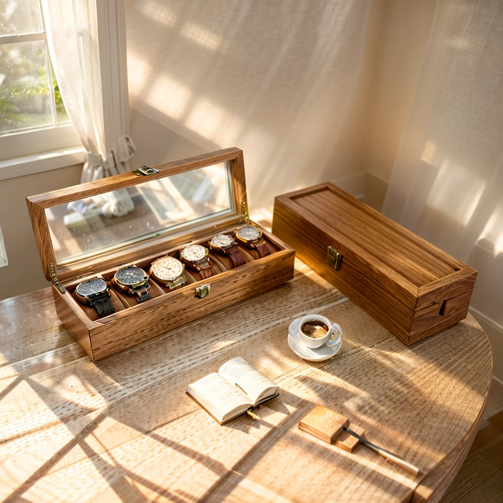 In this cozy room，A ray of sunlight shone through the half-drawn curtains on the table，Let the wood grain on the watch storage box shine with a faint luster。There was a calm and peaceful atmosphere in the air around them。There are several still lifes hanging on the walls of the room，It adds a touch of elegance to the space。And on the other side of the room，The half-open window lets in the breeze，The pages on the small desk by the window turned in the wind，This quiet scene gives a sense of tranquility and comfort。


