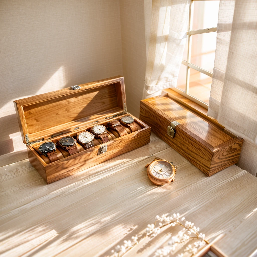 In this cozy room，A ray of sunlight shone through the half-drawn curtains on the table，Let the wood grain on the watch storage box shine with a faint luster。There was a calm and peaceful atmosphere in the air around them。There are several still lifes hanging on the walls of the room，It adds a touch of elegance to the space。And on the other side of the room，The half-open window lets in the breeze，The pages on the small desk by the window turned in the wind，This quiet scene gives a sense of tranquility and comfort。


