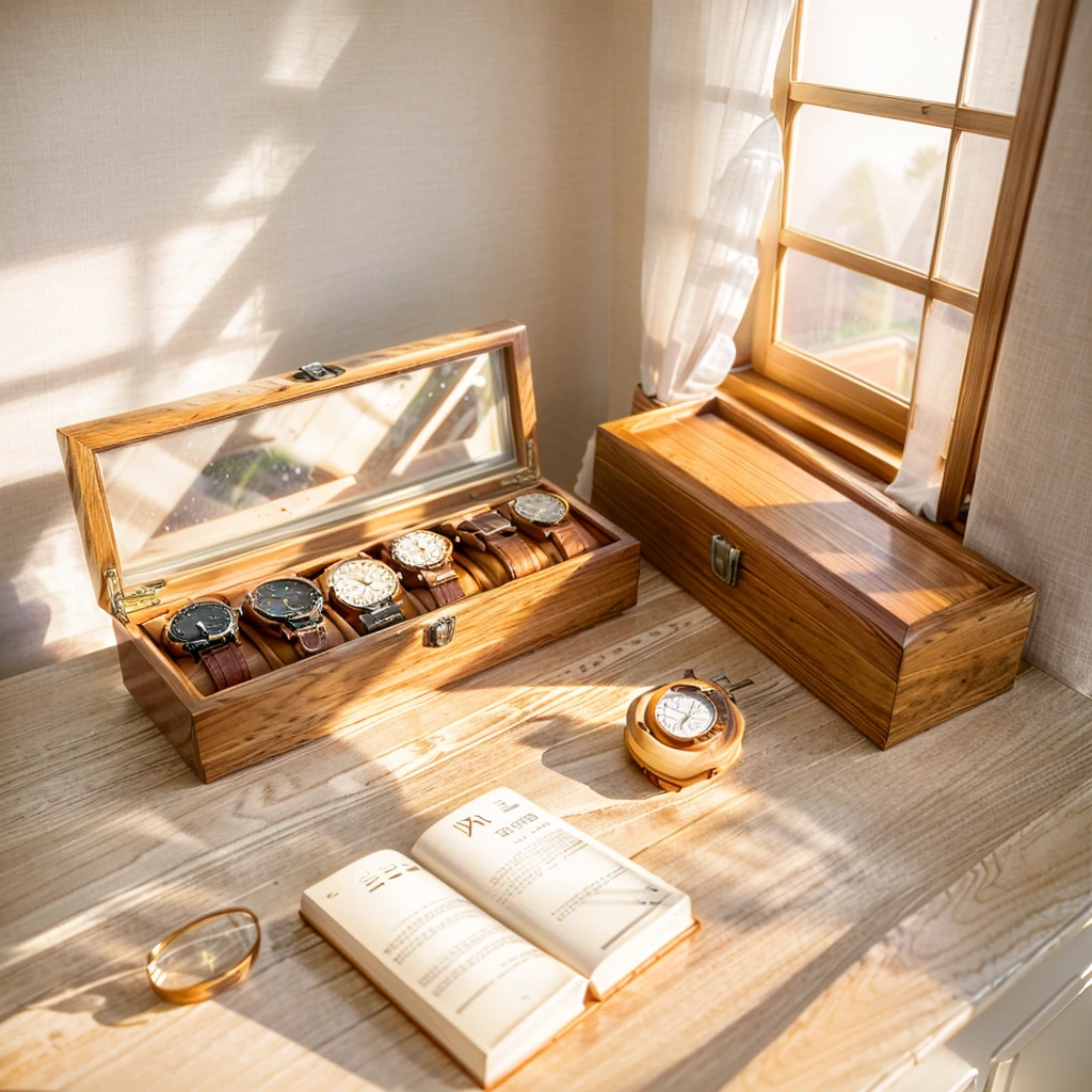 In this cozy room，A ray of sunlight shone through the half-drawn curtains on the table，Let the wood grain on the watch storage box shine with a faint luster。There was a calm and peaceful atmosphere in the air around them。There are several still lifes hanging on the walls of the room，It adds a touch of elegance to the space。And on the other side of the room，The half-open window lets in the breeze，The pages on the small desk by the window turned in the wind，This quiet scene gives a sense of tranquility and comfort。


