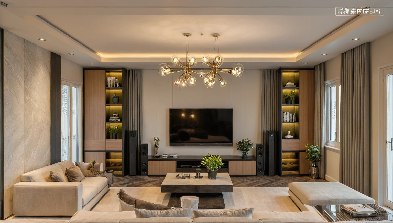 Masterpiece, HD, interior design, TV wall behind the TV, TV wall,French cream style, living room space, sofa, coffee table, green plants, floor-to-ceiling windows, curtains