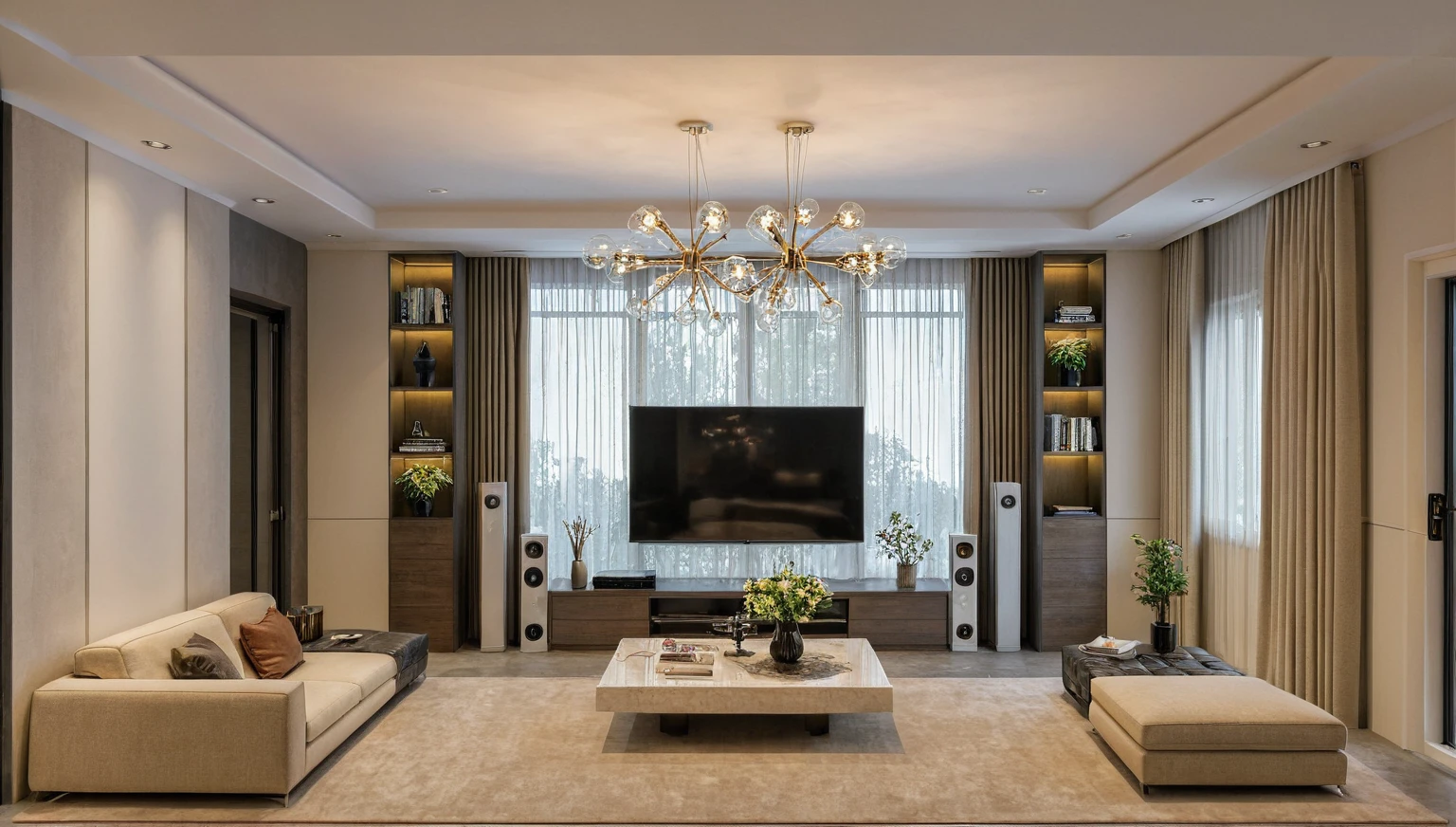 Masterpiece, HD, interior design, TV wall behind the TV, TV wall,French cream style, living room space, sofa, coffee table, green plants, floor-to-ceiling windows, curtains
