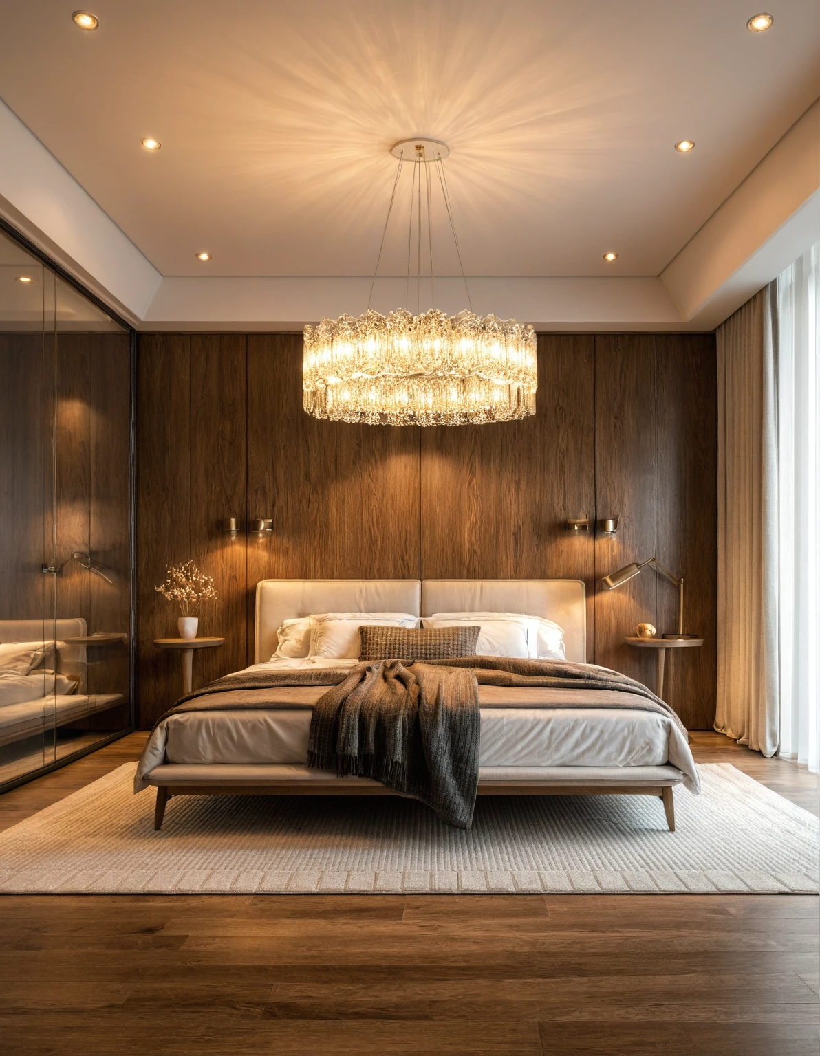 Raw photo,Masterpiece, high quality, best quality, authentic, super detail, interior, indoors, ((bedroom style modern luxury)), sunset, day light, bed, carpet, bedside cabinets, wood floor ,wardrobe, glass cabinet doors, chandeliers, windows, curtains, downlight, (flower vase)