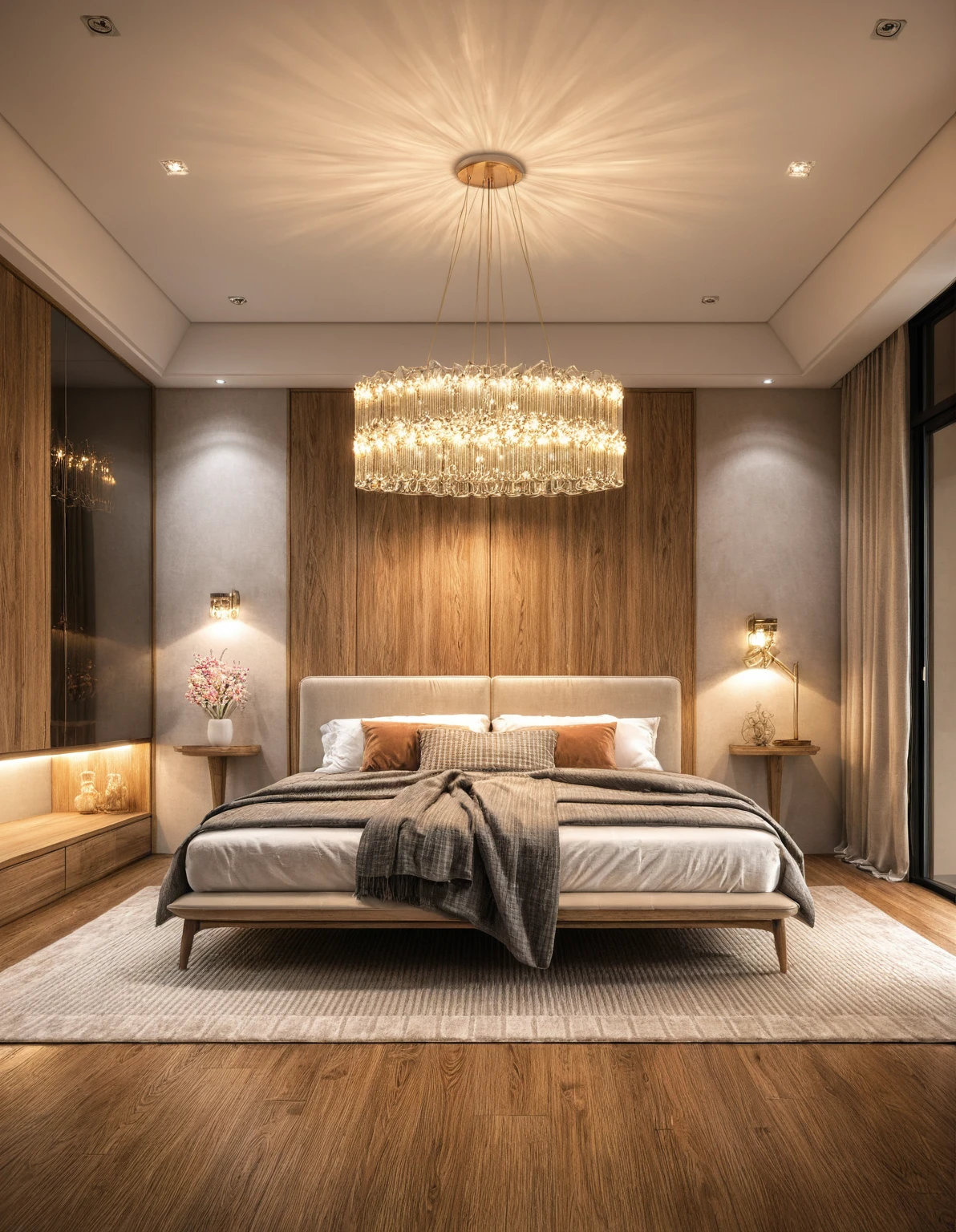 Raw photo,Masterpiece, high quality, best quality, authentic, super detail, interior, indoors, ((bedroom style modern luxury)), sunset, day light, bed, carpet, bedside cabinets, wood floor ,wardrobe, glass cabinet doors, chandeliers, windows, curtains, downlight, (flower vase)