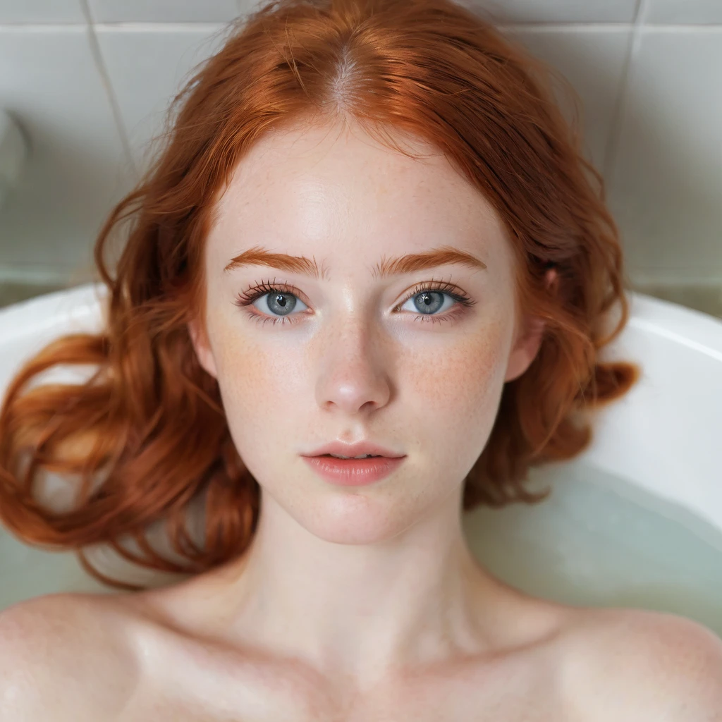 {type: photoréaliste}{subject: full body femme de 21 ans rousse aux yeux clairs, dans une beignoire nude}{environment: salle de bain avec, éclairage ambiant froid}{details: cheveux roux légèrement ondulés, cils courbés, pose détendue}{style: réaliste, détaillé}{camera: Canon EOS R5, objectif 50mm f/1.2, prise de vue moyenne}{lighting: lumière naturelle et douce, ambiance chaleureuse}{resolution: 4K, haute définition}