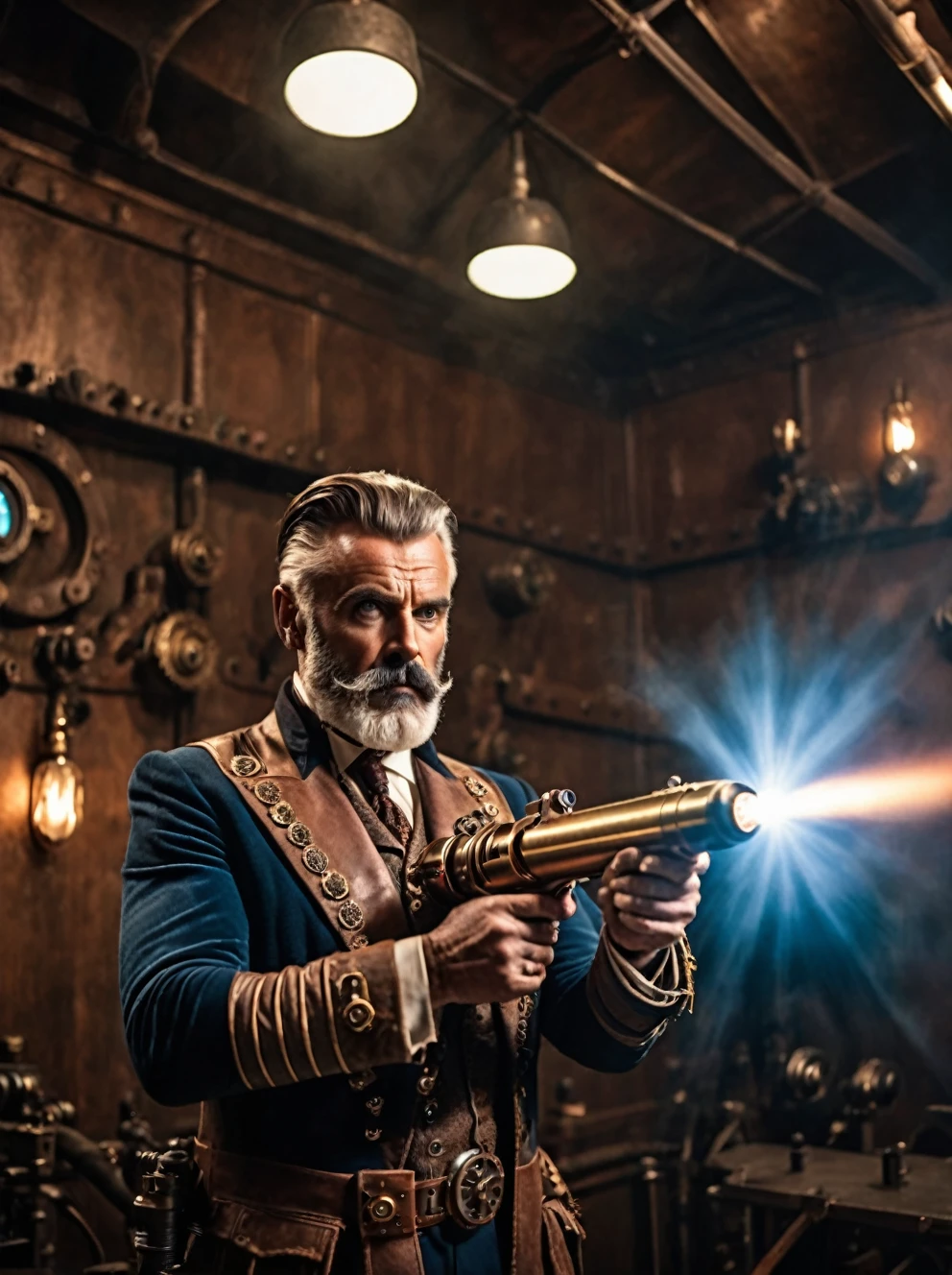 photo focus on male focus, indoors, realistic scenery, (captain nemo:1.1), complex light, retro-futuristic,  holding a ray gun, testing a ray gun at a firing range , ray beam,  steampunk nautilus-style. very wide shot, character photo portrait, film, professional, 4k