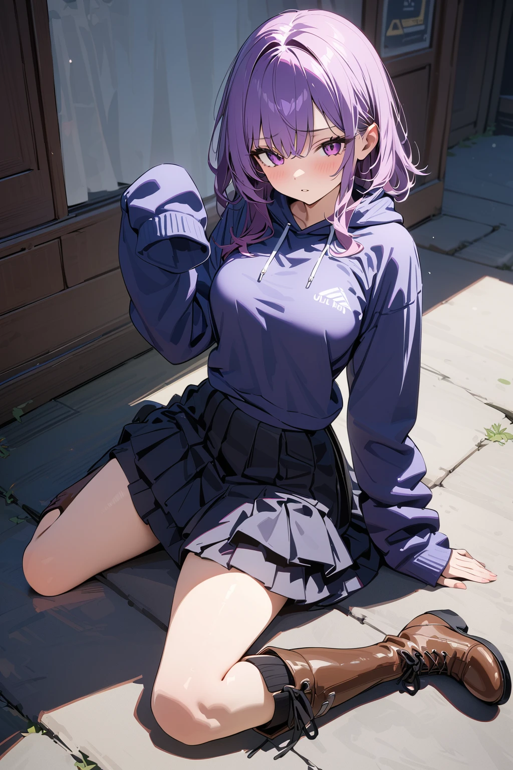 (one girl), flatchest, sitting crosslegged, street background, (black knee-high socks, white high sole sneakers), (white simple longsleeve top, cleavage cutout, Cold Shoulder), (black skirt, purple line, short skirt), , (black boy short hair, few purple strands, hair over one eye), (purple eyes)