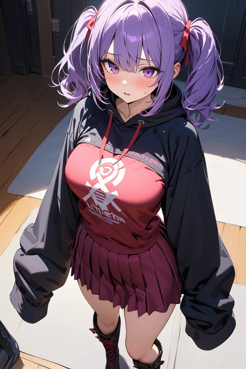 (masterpiece, best quality:1.5), (ultra detailed, high resolution, 8k, beautiful detailed, UHD, best anatomy), 1 cute girl, purple hair, medium breasts, sleeves past fingers, sweatshirt, Flared skirt, boots, dazed look