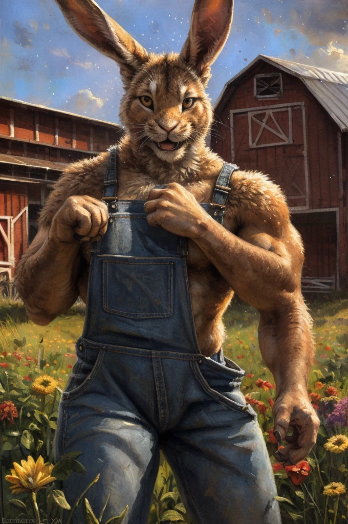 farm setting, (Rabbit, lagomorph), (muscular, barazoku), overalls, (happy), looking at viewer, light particles, flowers, barn, dynamic pose, flex,
BREAK
(by Kenket),  (Sharp focus, masterpiece, 8k, intricate artwork, hyper detailed, high detail),
