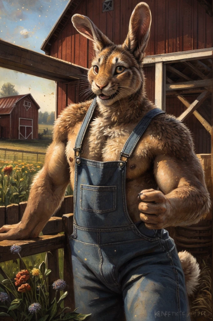 farm setting, (Rabbit, lagomorph), (muscular, barazoku), overalls, (happy), looking at viewer, light particles, flowers, barn, dynamic pose, flex,
BREAK
(by Kenket), (Sharp focus, masterpiece, 8k, intricate artwork, hyper detailed, high detail),