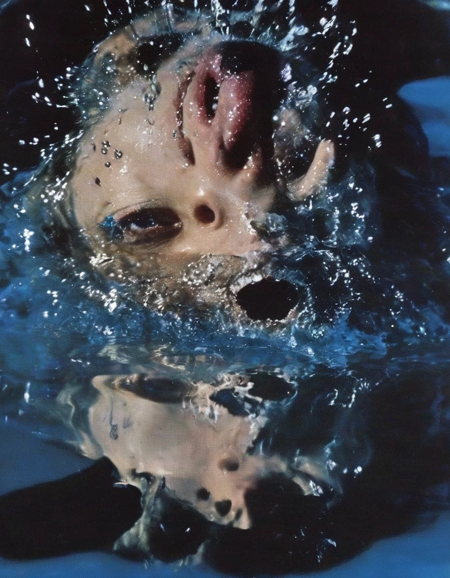 film photography, vintage, fashion photography of horror, macro photography of  blue eyes poke out of the water at night,