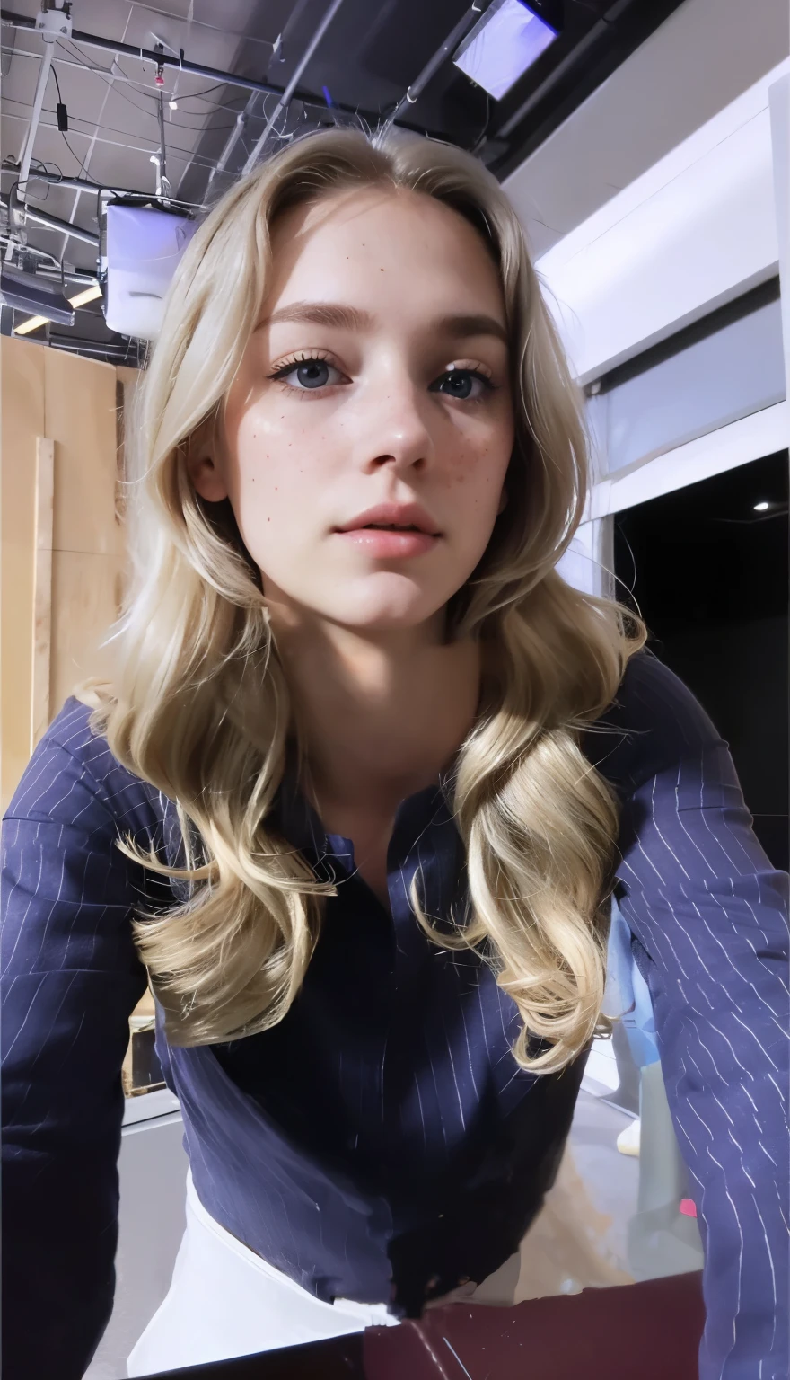 a one woman, americana, age 25, pale skin and freckles, grey-eyed, delicate nose, soft and delicate lips, distant, blonde hair with a pony tail, hand messing with hair, face with delicate feminine facial features, highly rendered
