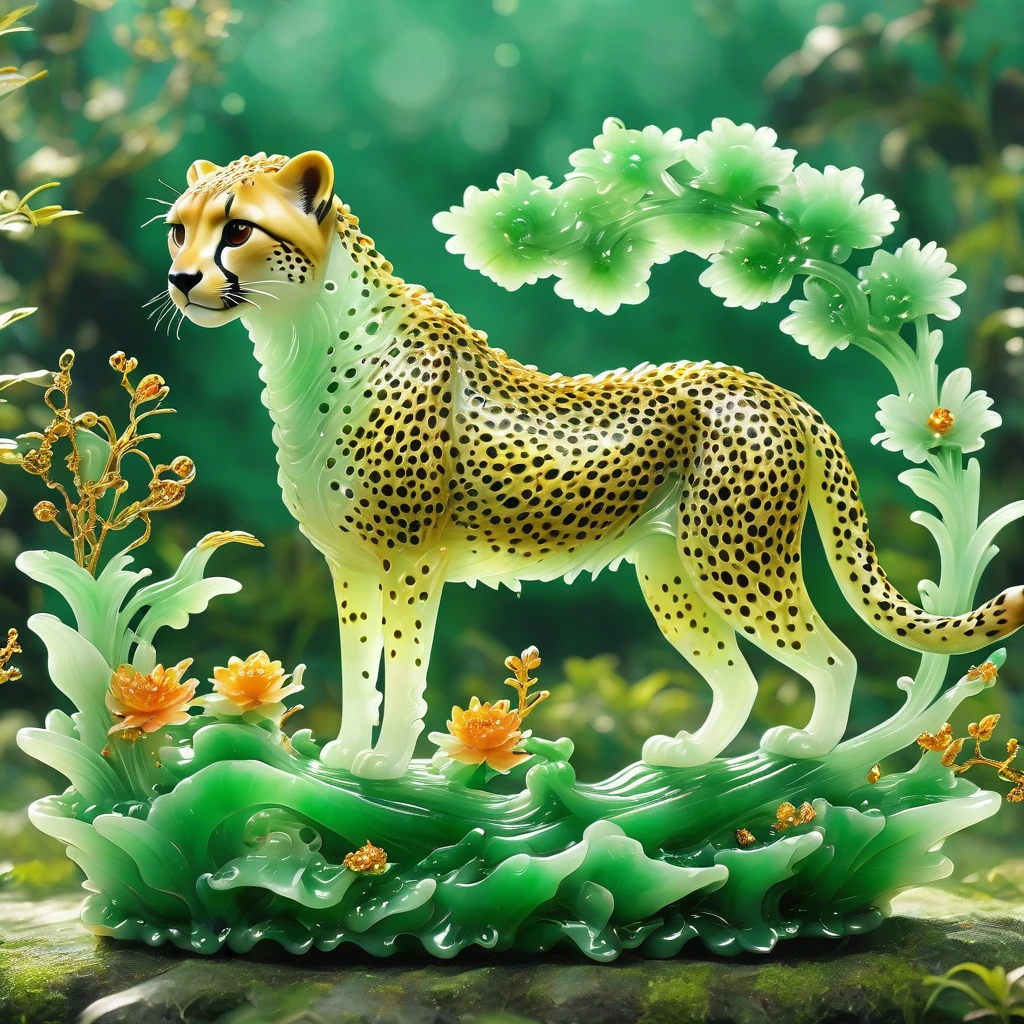 best quality, very good, 16K, ridiculous, Very detailed, charming(((Cheetah 1.3)))wing，Made of translucent jadeite, Background grassland（（A masterpiece full of fantasy elements）））， （（best quality））， （（Intricate details））（8K）