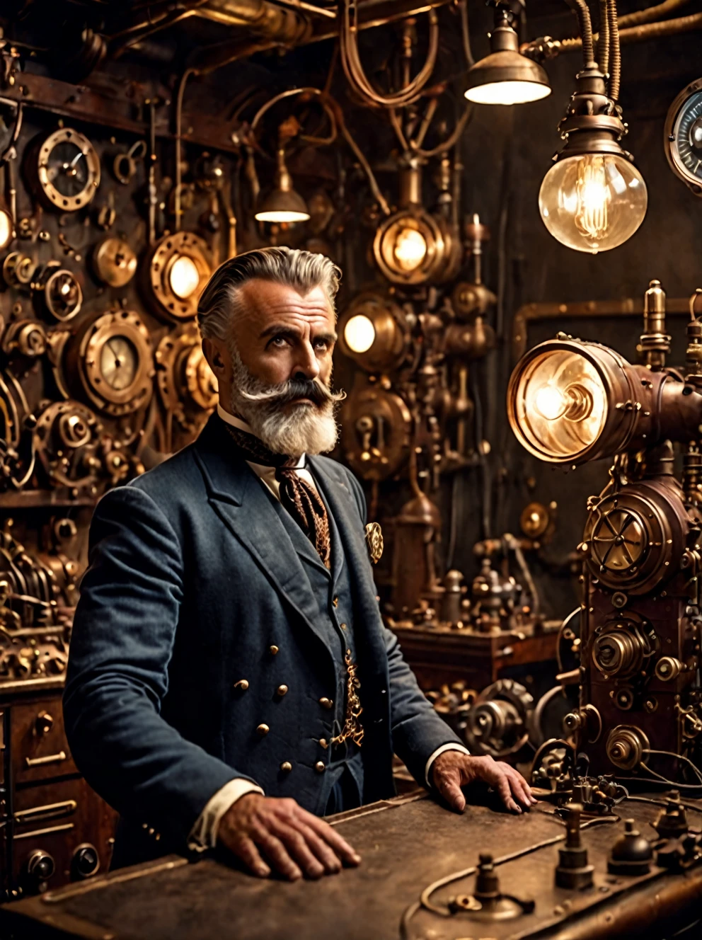 photo focus on male focus, indoors, realistic scenery, (captain nemo:1.1), retro-futuristic,  tinkering in his workshop,  electricity, steampunk nautilus-style. very wide shot, character photo portrait, film, professional, 4k
