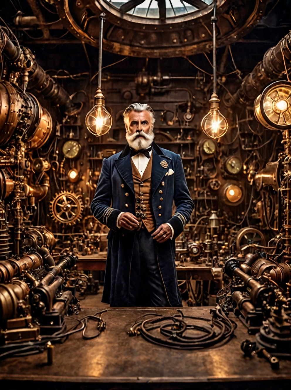 photo focus on male focus, indoors, realistic scenery, (captain nemo:1.1), retro-futuristic, tinkering in his workshop, electricity, steampunk nautilus-style. very wide shot, character photo portrait, film, professional, 4k