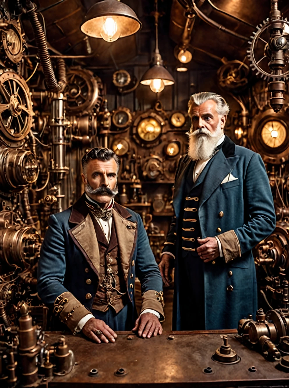 photo focus on male focus, indoors, realistic scenery, (captain nemo:1.1), retro-futuristic,  tinkering in his workshop,  electricity, steampunk nautilus-style. very wide shot, character photo portrait, film, professional, 4k