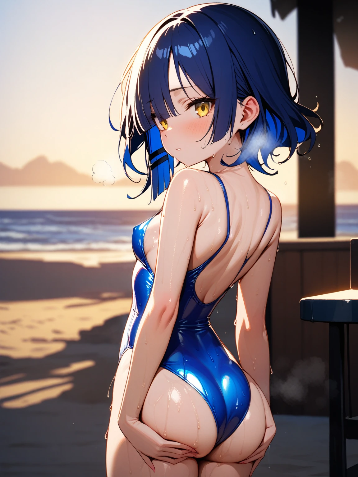 (nsfw,)(yamada ryo,blue hair,Yellow eyes,wavy shortcut hair),((solo girl)),((Perfect body,))((Super beautiful,))((High quality,))((Heavy breathing,sweat, Sweaty and wet all over,)),backlit,shiny glossy,small breast, Looking at Viewer,((Beach side,sexual swimsuit, cowboy shot,)),shyly,nipple,After sunburn,((Turning your back to me, sticking out your butt,))