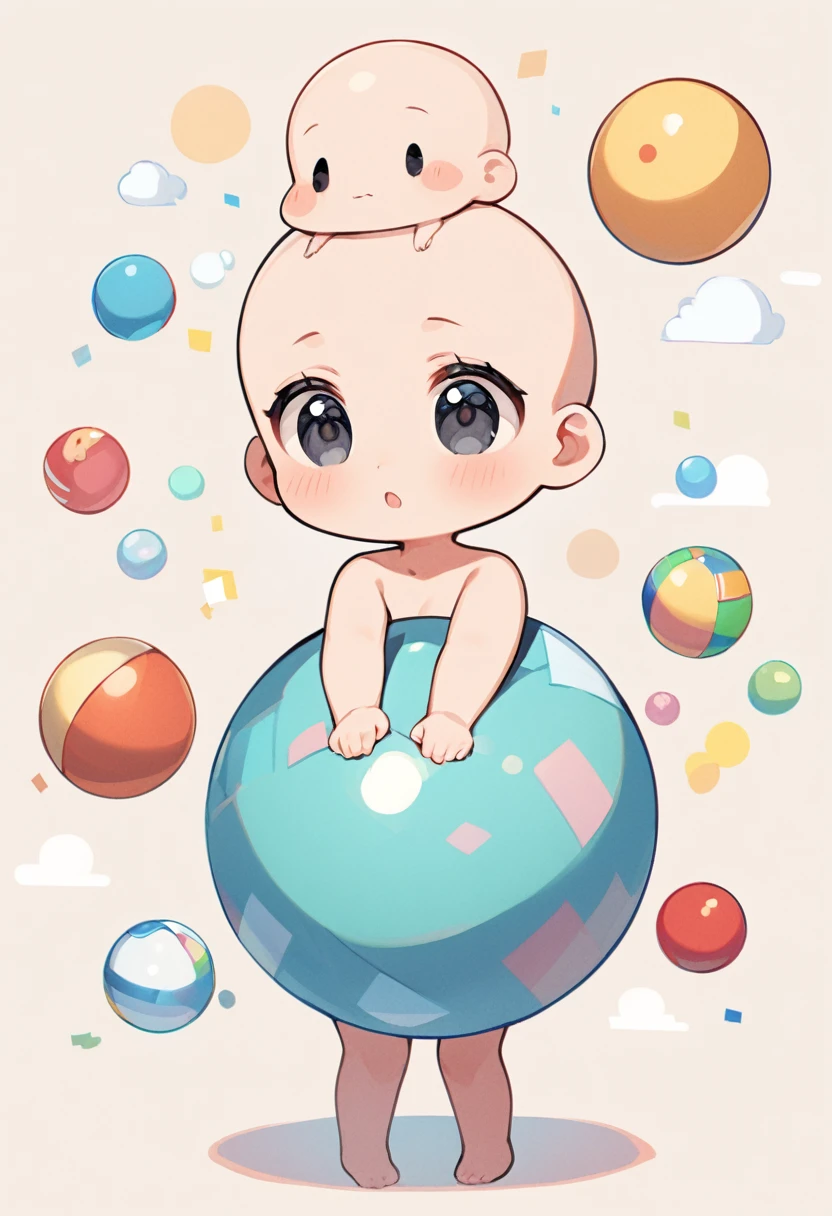 girl, cute, tiny, ball, bald, no hair, red bow on head, black eyes