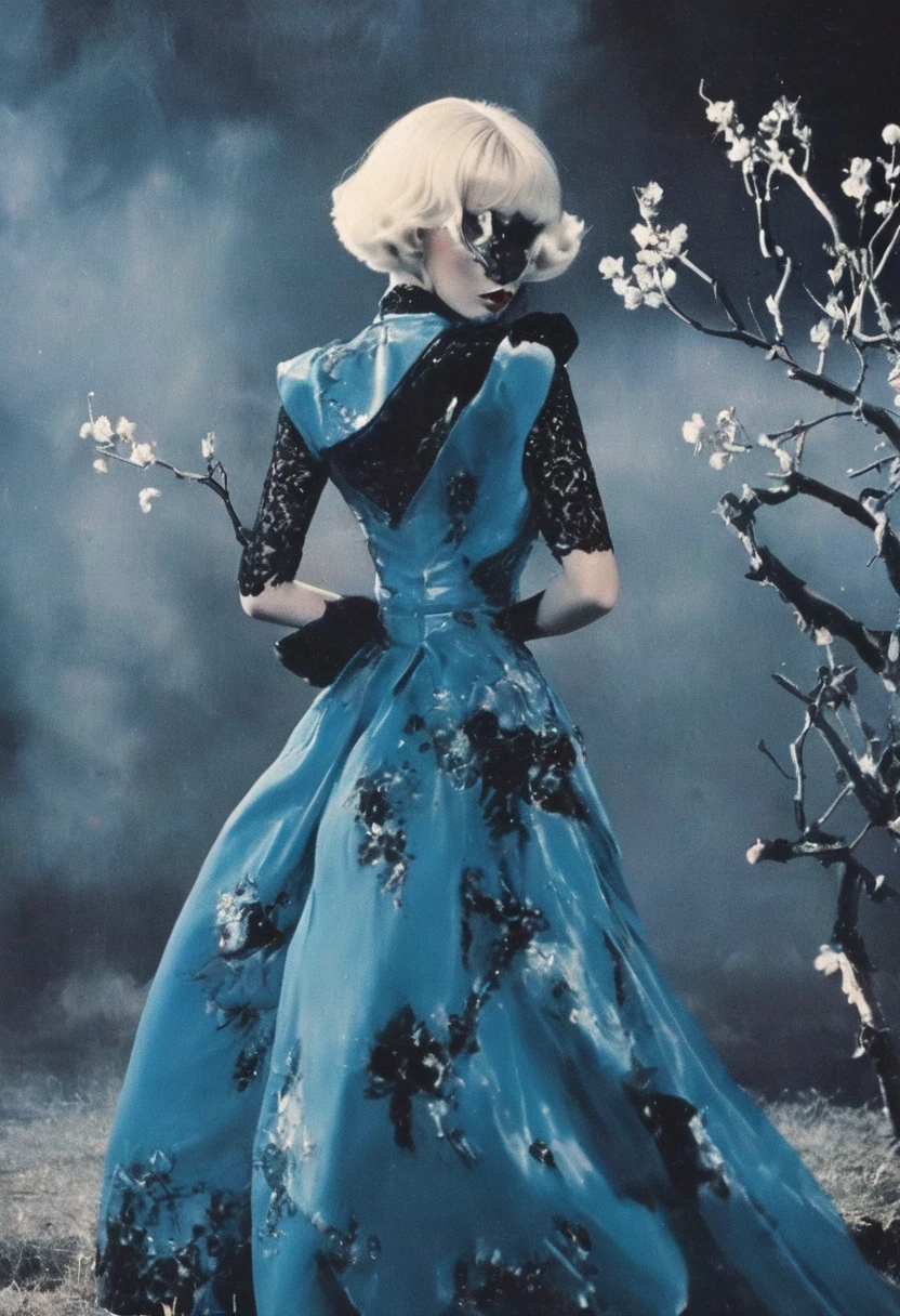 film photography, vintage, fashion photography of horror, blue background