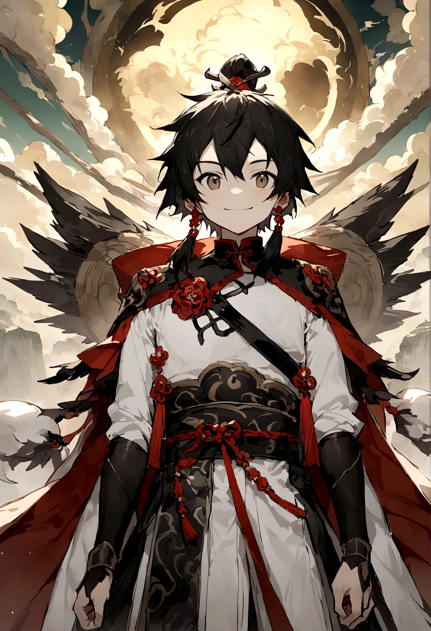 juvenile,((male)),Martial Arts,,one person,grassland,cloud,((Simple clothing)),Light-colored clothing,Carrying weapons,walk,Smile,((Chinese style)),Immortal World,Xianxia World