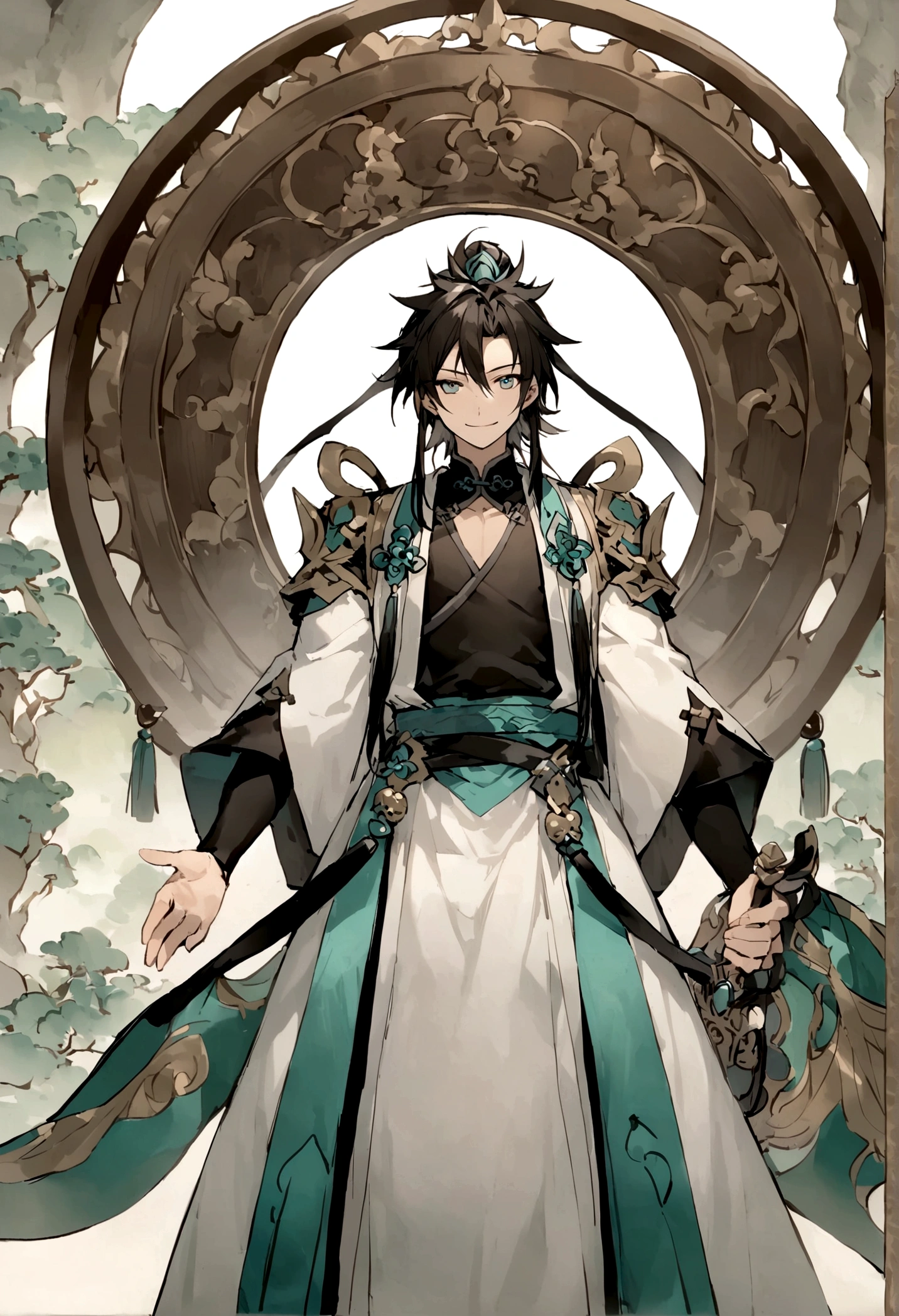 juvenile,((male)),Martial Arts,,one person,grassland,cloud,((Simple clothing)),Light-colored clothing,Carrying weapons,walk,Smile,((Chinese style)),Immortal World,Xianxia World