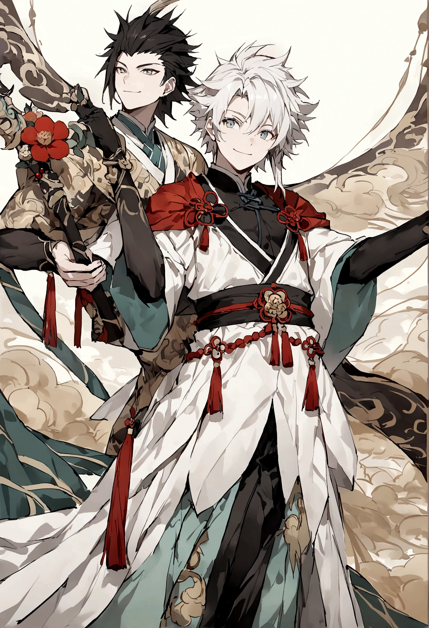 juvenile,((male)),Martial Arts,,one person,grassland,cloud,((Simple clothing)),Light-colored clothing,Carrying weapons,walk,Smile,((Chinese style)),Immortal World,Xianxia World