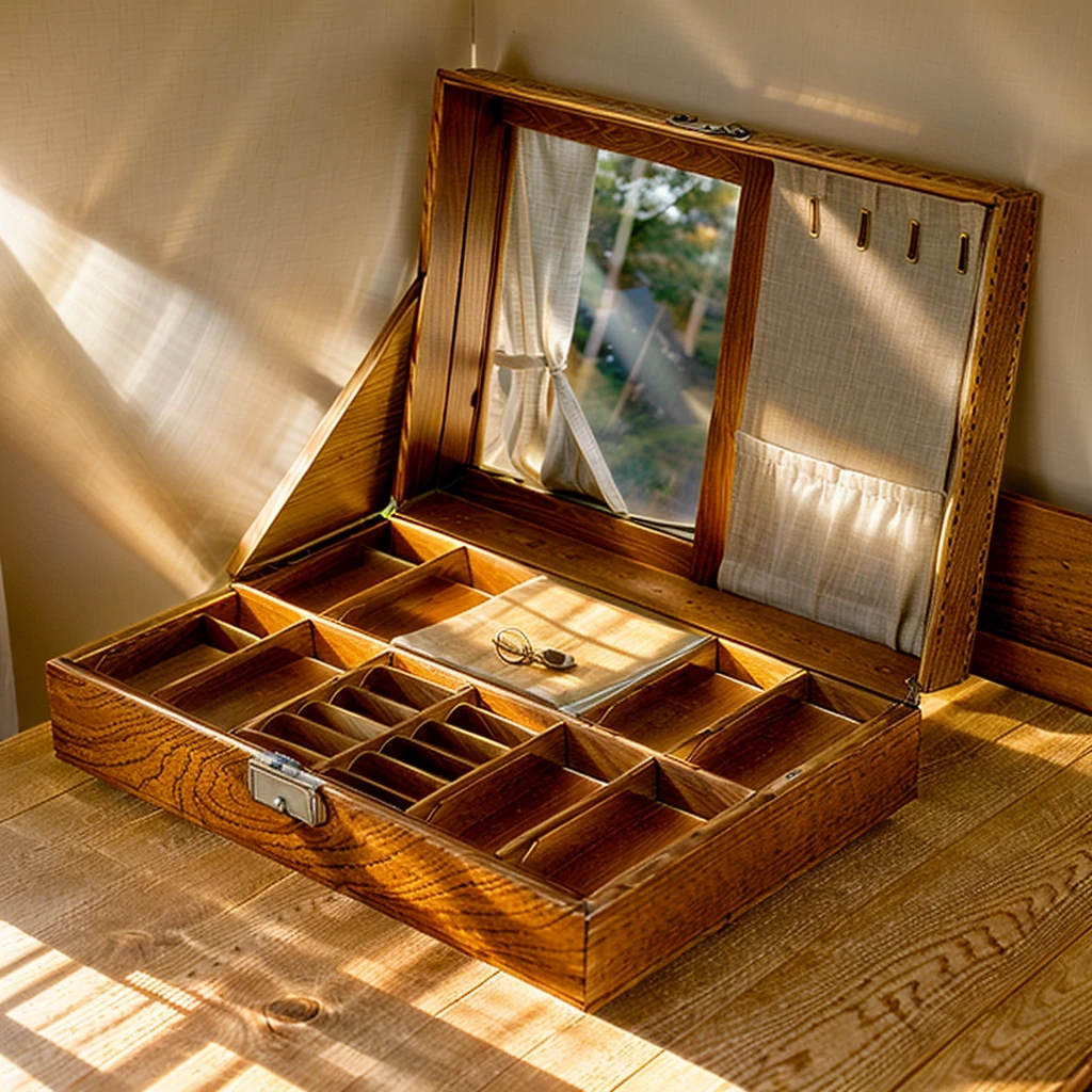 In this cozy room,A ray of sunlight shone through the half-drawn curtains on the table,Let the wood grain on the watch storage box shine with a faint luster。There was a calm and peaceful atmosphere in the air around them。There are several still lifes hanging on the walls of the room,It adds a touch of elegance to the space。And on the other side of the room,The half-open window lets in the breeze,The pages on the small desk by the window turned in the wind,This quiet scene gives a sense of tranquility and comfort。