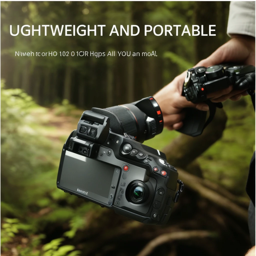 Close-up of a man holding a camera in the forest, top Angle View, Ease of use, high - Angle View, 1 0 8 0 p, 1080P, HD 16K, Shooting angle below, wide high Angle View, Angle View, Low-angle camera view, 8K 1080P