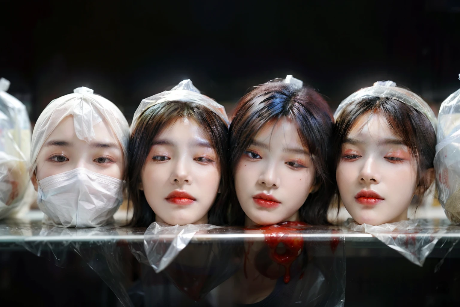 Several decapitated heads of beautiful women in transparent plastic bags, on a table, in a public market, full of blood, blood flowing, ((eyes closed)), bleeding, photorealistic, 4K, Nikon, horror, public market, beautiful asian face