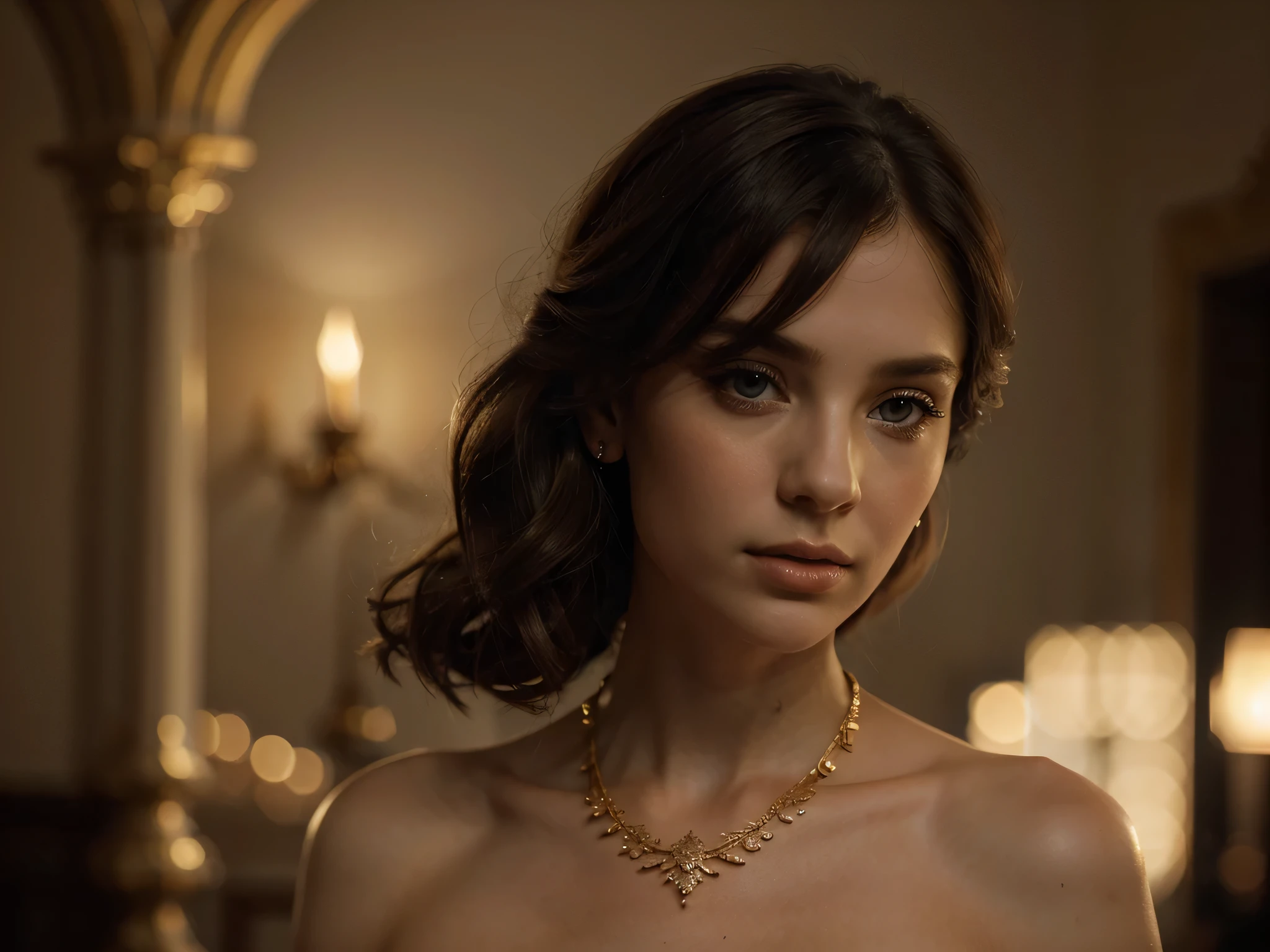 A chiaroscuro portrait of a woman, beautiful detailed eyes, beautiful detailed lips, extremely detailed eyes and face, long eyelashes, porcelain skin, elegant hairstyle, intricate jewelry, dramatic lighting, Renaissance style, dramatic shadows, warm golden tones, dramatic chiaroscuro lighting, ultra-detailed, 8k, photorealistic, masterpiece, cinematic, dramatic atmosphere, elegant and regal