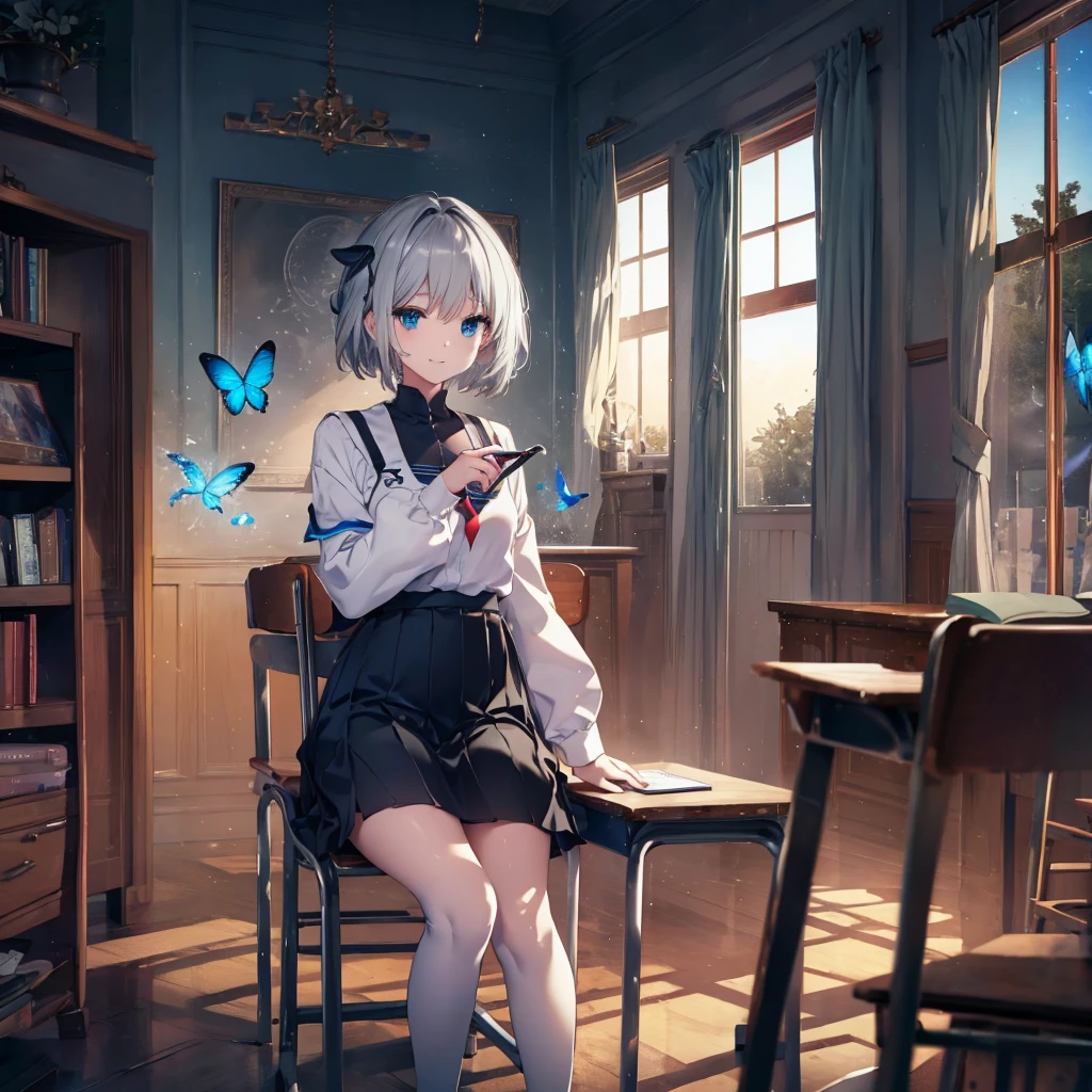 (((1 person　Gray Hair　Holding a pen　classroom　Chair　sit)))　((High resolution　short hair　tie　Black Skirt　Rin々Funny face　))　((student　blue eyes　Close-up))　((Blue Butterfly　night　学校のclassroom　Shining Aura　sit　Catch the wind　Looking at the moon outside))　(smile　Bathed in light)　月night　moonlight　star　Shuriken　Shining Background　Shining Edge