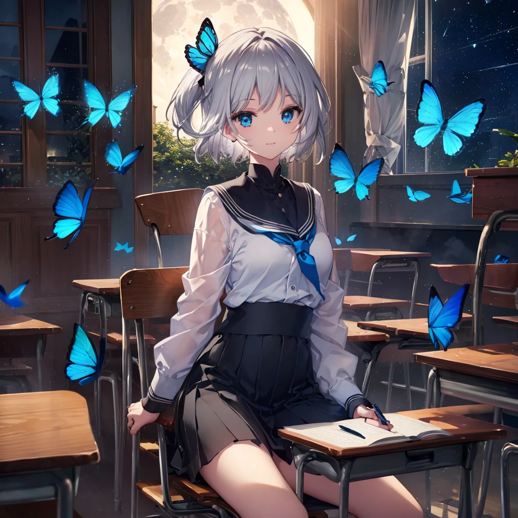 (((1 person　Gray Hair　Holding a pen　classroom　Chair　sit)))　((High resolution　short hair　tie　Black Skirt　Rin々Funny face　))　((student　blue eyes　Close-up))　((Blue Butterfly　night　学校のclassroom　Shining Aura　sit　Catch the wind　Looking at the moon outside))　(smile　Bathed in light)　月night　moonlight　star　Shuriken　Shining Background　Shining Edge