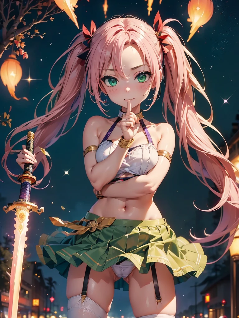 nsfw:1.1, high resolution:1.7, incredibly absurdres, kawaii:1, cute:1.5, hires.fix,incredibly fine illustration,8k,masterpiece:1.2,best quality, high quality, exquisite,beautiful,insanely detailed,intricate detailed, extremely detailed, Super Definition, ultra high res, Super Resolution, best aesthetic, ultra detailed:1.5, best quality, perfect face, detailed face,illustration:1.2, 8k cg wallpaper, stunning art,absurdres,octane render,ultra hires,(Idol),,Beautiful,(Cute and lovely girl with beautiful pink hair),((((twintails)))),heart shaped hair ornament,(((green_eyes:1.3))),intricate eyes,beautiful detailed eyes,symmetrical eyes,big eyes:1.5,enchanting bright eyes studded with gold and silver dust,(((pinky and glowing_skin,shiny body,plastic glitter skin,exaggerated shiny skin,illuminated skin))),upward breasts,waist slender,(detailed body,(detailed face)),cute,daring,zettai ryouiki,cameltoe,pussy line,show skin,best relationship with four fingers and one thumb,(Perfect Anatomy),smile,((girl with sexual climax)),Garter Belt,Bare shoulders,Check out our thru-rack chokers and midi rings with chains,white micro skirt,torn clothes,broken clothes,pussy
,(red fire:1.5), (holding white flame sword:1.5), (holding blue energy sword:1.3), (purple flame katana:1.3), (swing a purple flame sword:1.3),
battle,fight,(action pose: 1.4),(vengeful spirit co