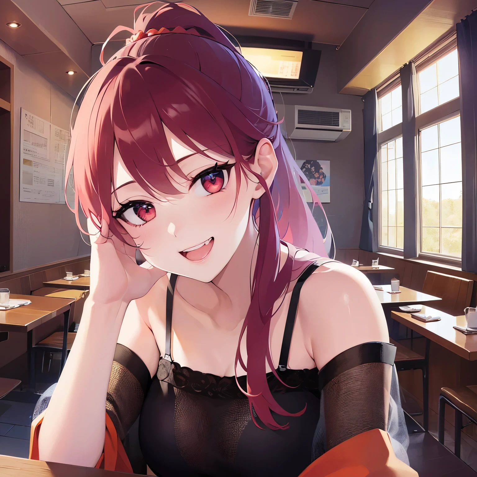 raising hand, Biologically correct five fingers、Realistic, real person, RAW photo, photorealistic, portrait photography, shiny skin, 18-year-old female、(ponytail) and (red hair) and (red eyes), BREAK (black:1.2) and (off shoulder blouse) BREAK、(grin:1.2), open mouth, The background is the interior of a restaurant、alone