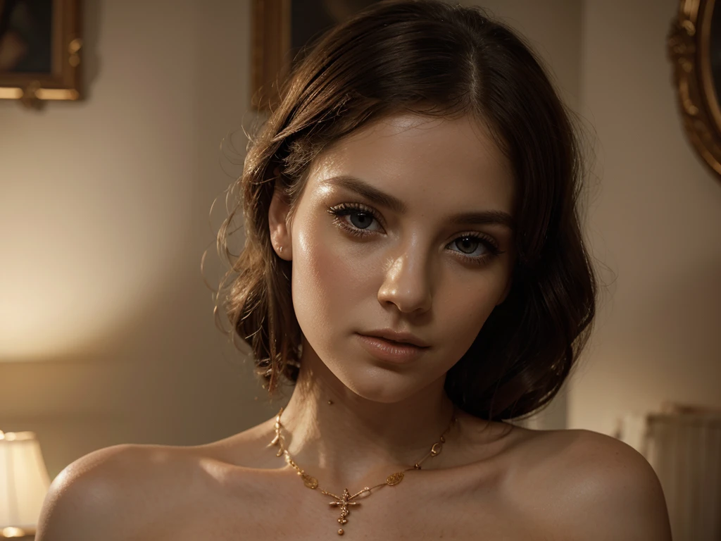 A chiaroscuro portrait of a woman, beautiful detailed eyes, beautiful detailed lips, extremely detailed eyes and face, long eyelashes, porcelain skin, elegant hairstyle, intricate jewelry, dramatic lighting, Renaissance style, dramatic shadows, warm golden tones, dramatic chiaroscuro lighting, ultra-detailed, 8k, photorealistic, masterpiece, cinematic, dramatic atmosphere, elegant and regal