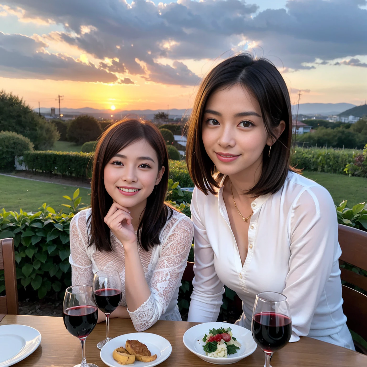 ((Highest quality、8K、masterpiece:1.3))、 (Ultra-realistic、 Genuine、Bright image、Intricate details:1.2), 最高のsmile、1 male、1 female、Beautiful couple、love love love、A lover who resembles Alice Hirose、Good friends、actress couple、smile、Full-course dinner at a packed table、 (Slim face), (the body is slim), (Brown Hair), (short hair), テーブルのwine glass、Please shine a light on my face、 Amazing view of the sunset sky and clouds、9 years old, red wine 、Appetizers、Wine bottle、sparkling wine、Long sleeve shirt、dress、White wine, red wine, wine glass,