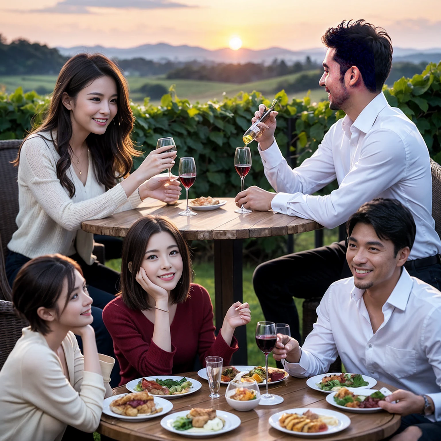 ((Highest quality、8K、masterpiece:1.3))、 (Ultra-realistic、 Genuine、Bright image、Intricate details:1.2), 最高のsmile、1 male、1 female、Beautiful couple、love love love、A lover who resembles Miki Nakatani、Good friends、actress couple、smile、Full-course dinner at a packed table、 (Slim face), (the body is slim), (Brown Hair), (short hair), テーブルのwine glass、Please shine a light on my face、 Amazing view of the sunset sky and clouds、36 years old 39 years old, red wine 、Appetizers、Wine bottle、sparkling wine、Long sleeve shirt、dress、White wine, red wine, wine glass,