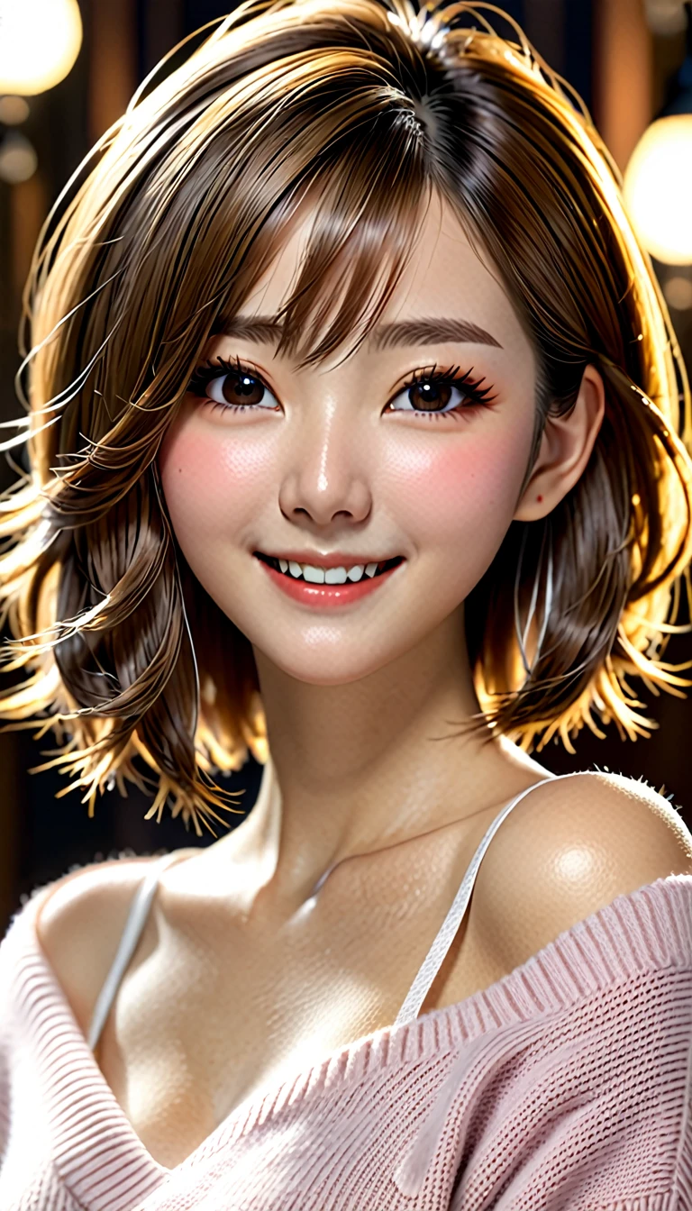 (masterpiece:1.3), (8K, Photorealsitic, Raw photography, Top image quality: 1.4), Japan high school girls、(Random hairstyles:1.2)、cleavage of the breast:1.2、Super Detail Face、Eye of Detail、double eyelid、Bring your chest together、sharp focus:1.2、prety woman:1.4、light brown hair、top-quality、masterpiece、超A high resolution、(Photorealsitic:1.4)、Highly detailed and professional lighting smile、Loose and light knitwear、Shoulder out、slender、serious facial expression、short-haired、Fatal position