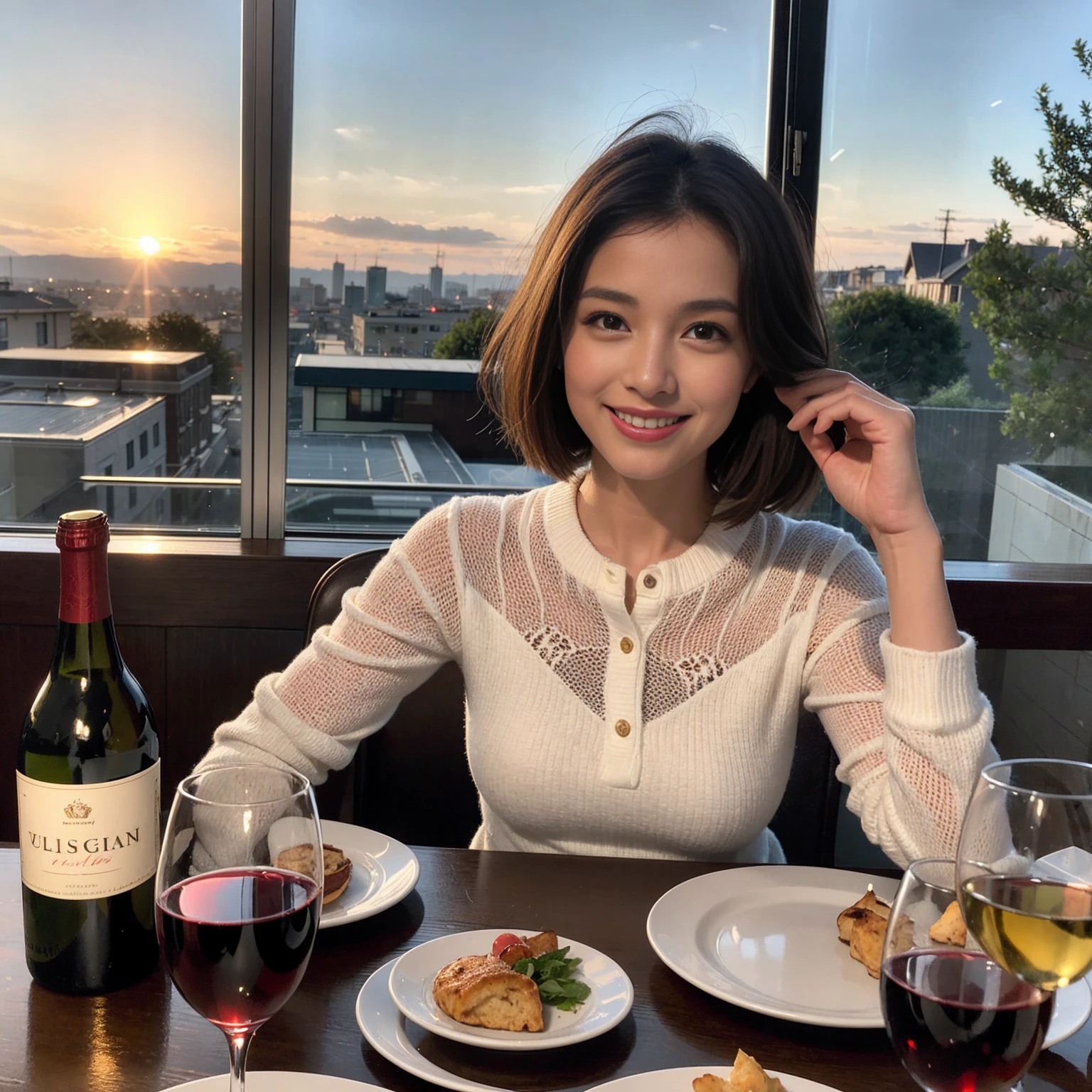 ((Highest quality、8K、masterpiece:1.3))、 (Ultra-realistic、 Genuine、Bright image、Intricate details:1.2), 最高のsmile、Wine Party、1 male 1 female、Beautiful couple、love love love、lover、model、actress couple、smile、Full-course dinner at a packed table、 (Slim face), (the body is slim), (Brown Hair), (short hair), テーブルのwine glass、Please shine a light on my face、 Amazing view of the sunset sky and clouds、 39 years old, red wine 、Appetizers、Wine bottle、sparkling wine、Long sleeve shirt、dress、White wine, red wine, wine glass,