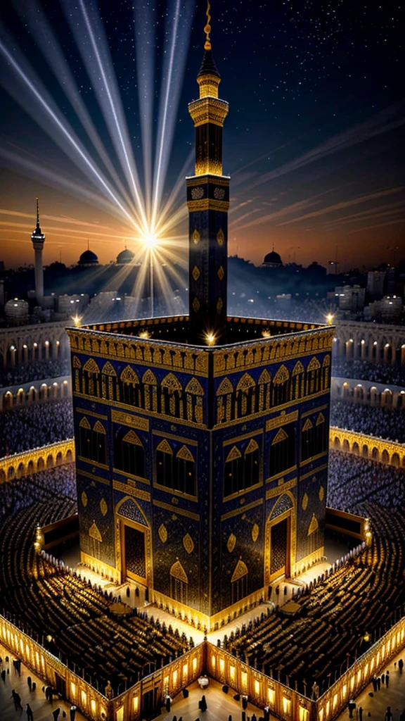 An image depicting God's protection of the Kaaba, with light shining brightly from the clear sky, surrounding the holy building with peace and majesty. very realistic, high resolution, 8k resolution, intricate details