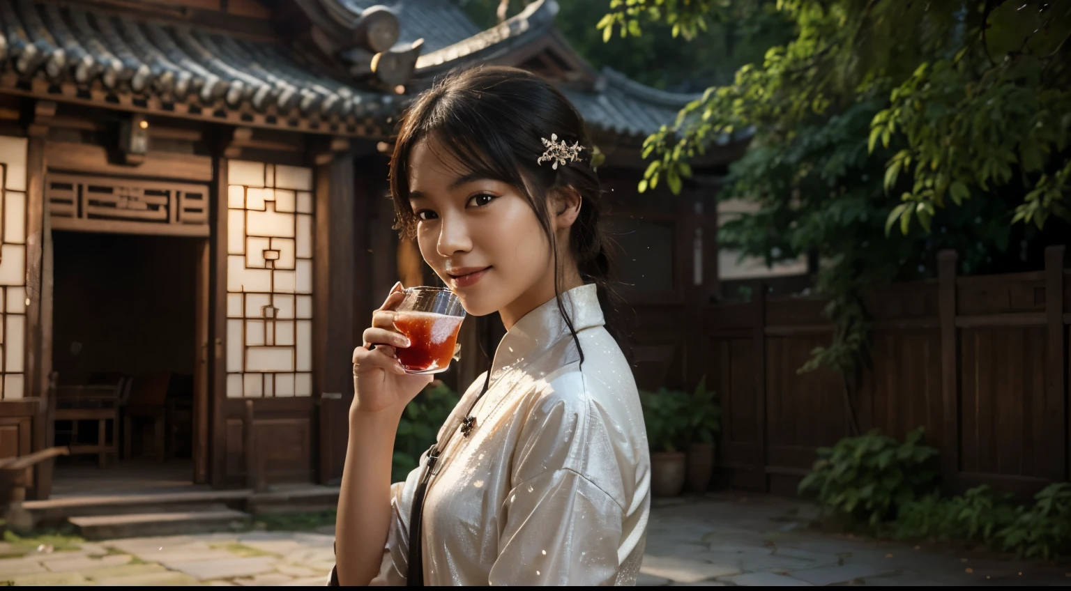 Ancient Chinese 拱itecture,3. 7.8. A young beauty,Sit in the shade,He holds a glass of bubbling soda in his hand,A smile of satisfaction and joy on his face。The leaves sway in the wind,As if telling the gentleness and tranquility of the night, Epic Composition, High-resolution details, masterpiece, best quality, (Very detailed CG Unity 8k wallpaper) - At 6 o'clock