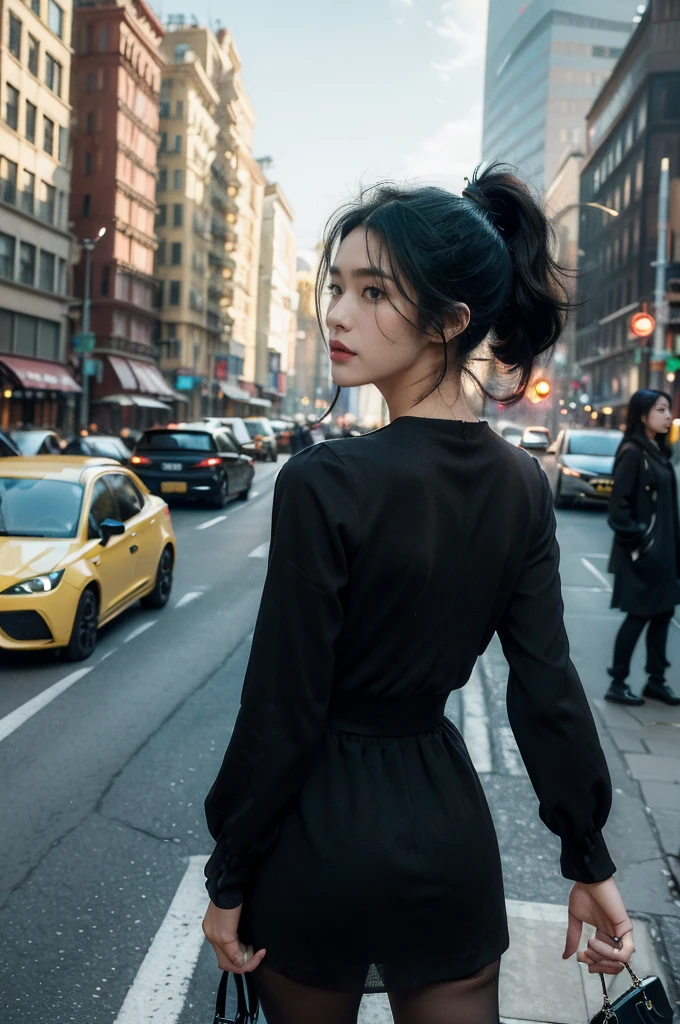 (((best quality))),(((ultra detailed))),(((masterpiece))),illustration,1girl,slim,vibrant rose-pink cotton dress,short ponytail,pantyhose,standing, bustling city streets, honking cars,surrounded by crowded crowds, colorful advertisements,enjoying sights and sounds,(dark black skin:1.5),day scene,upper body,from front,bare back,towering hips,butt crack