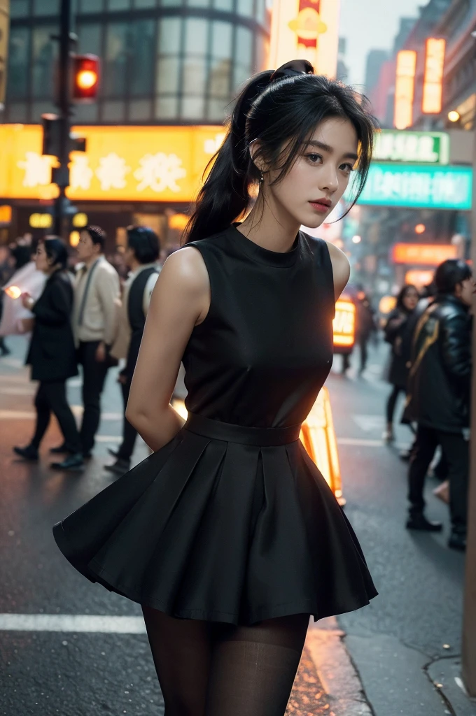 (((best quality))),(((ultra detailed))),(((masterpiece))),illustration,1girl,slim,vibrant cotton dress,short ponytail,flat chest,pantyhose,standing, bustling city streets, honking cars,surrounded by crowded crowds, colorful advertisements,enjoying sights and sounds,(dark black skin:1.5),(day scene:1.3),upper body,arms behind back,sunshine