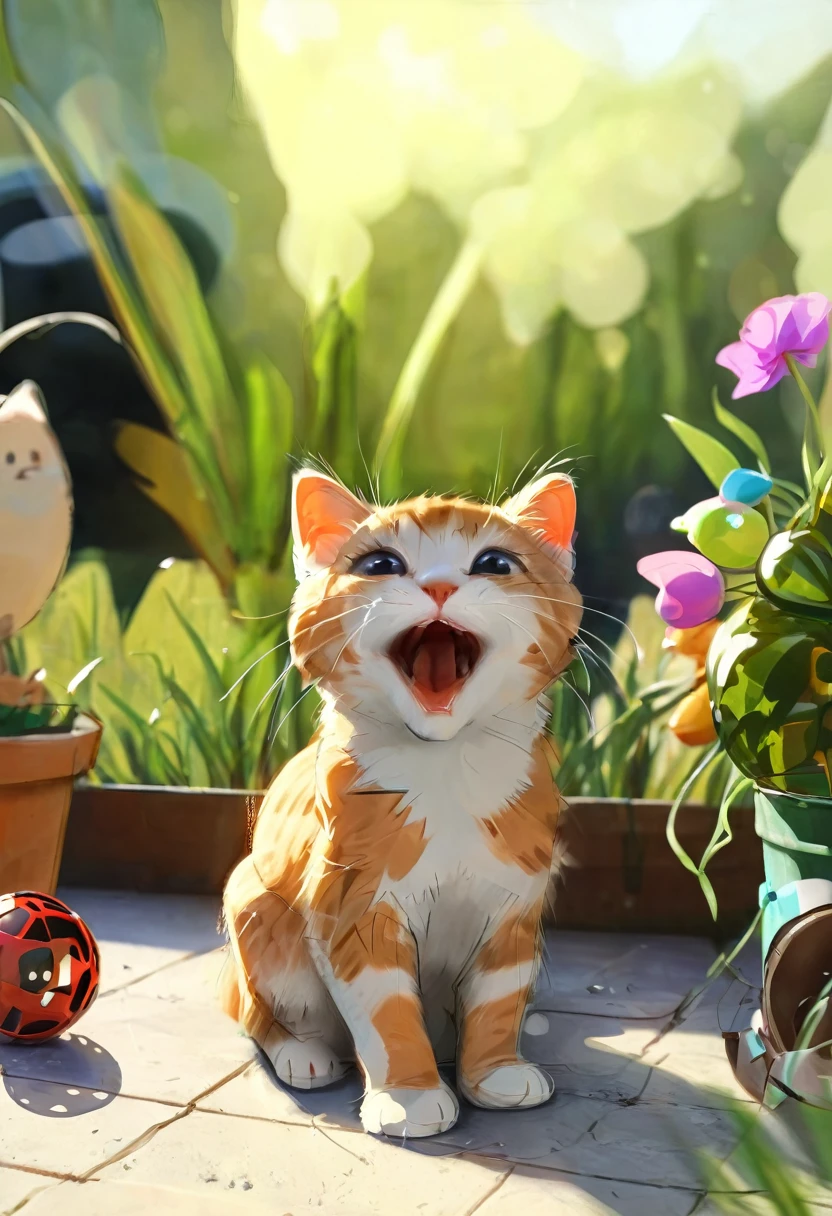(8k, RAW Photos, highest quality, masterpiece, Realistic, Realistic, Ultra HD), (Cute kitten), Very cute, (Beautiful brown fur), (Playing with toys), (Yawn), (In the pan), (Home garden background), Background Blur, (Ray Tracing, Beautiful lighting, masterpiece), samdoesart