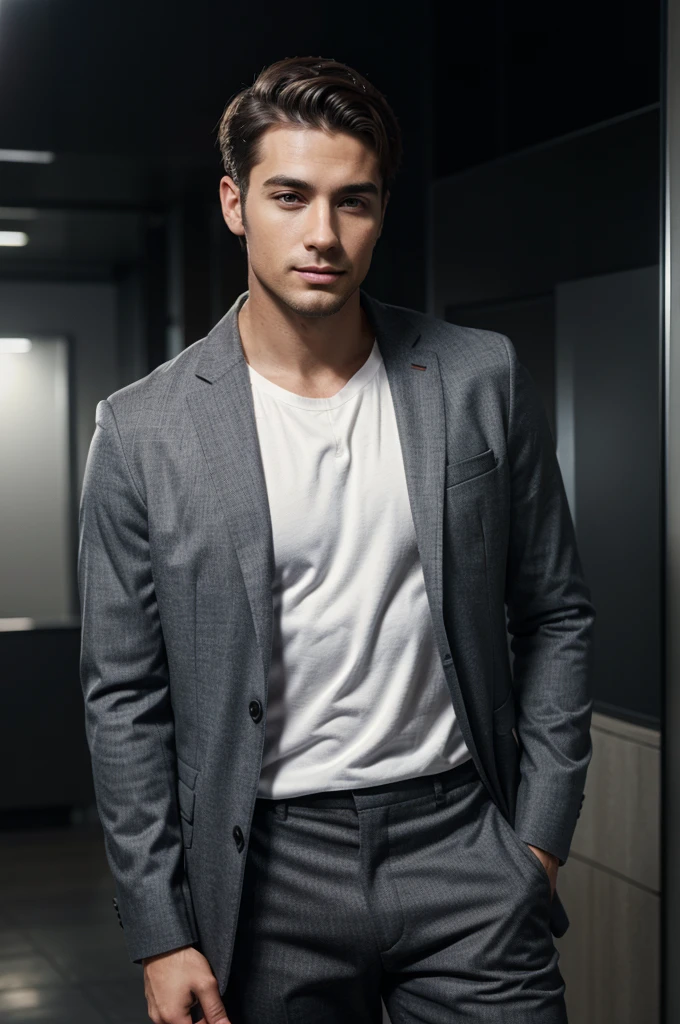 realistically created, handsome man(Age 30),Wear modern clothes and look good.,technology background,high-tech