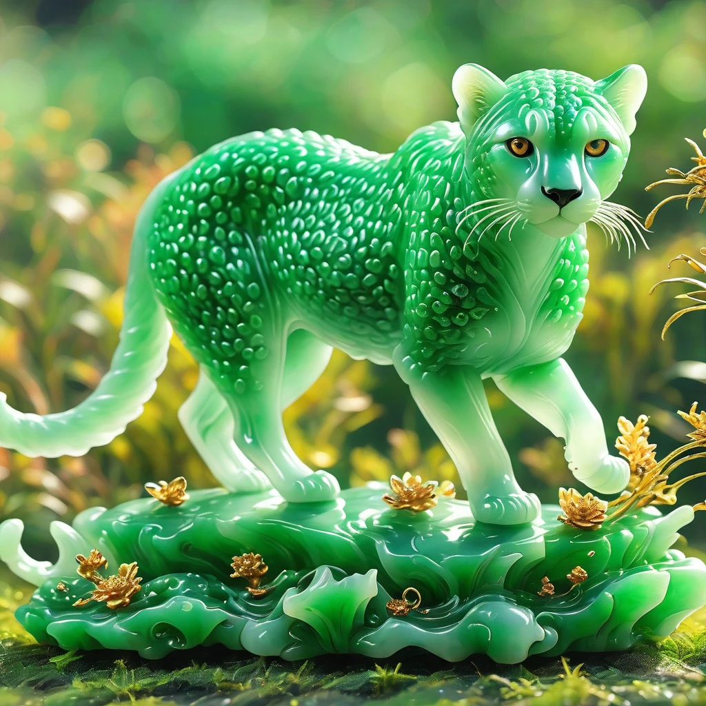 best quality, very good, 16K, ridiculous, Very detailed, charming(((Cheetah 1.3))),Made of translucent jadeite, Background grassland((A masterpiece full of fantasy elements))), ((best quality)), ((Intricate details))(8K)