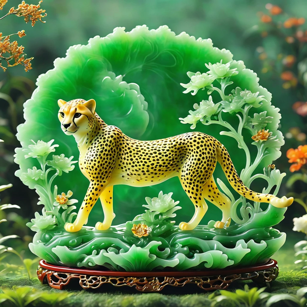 best quality, very good, 16K, ridiculous, Very detailed, charming(((Cheetah 1.3)))，Made of translucent jadeite, Background grassland（（A masterpiece full of fantasy elements）））， （（best quality））， （（Intricate details））（8K）