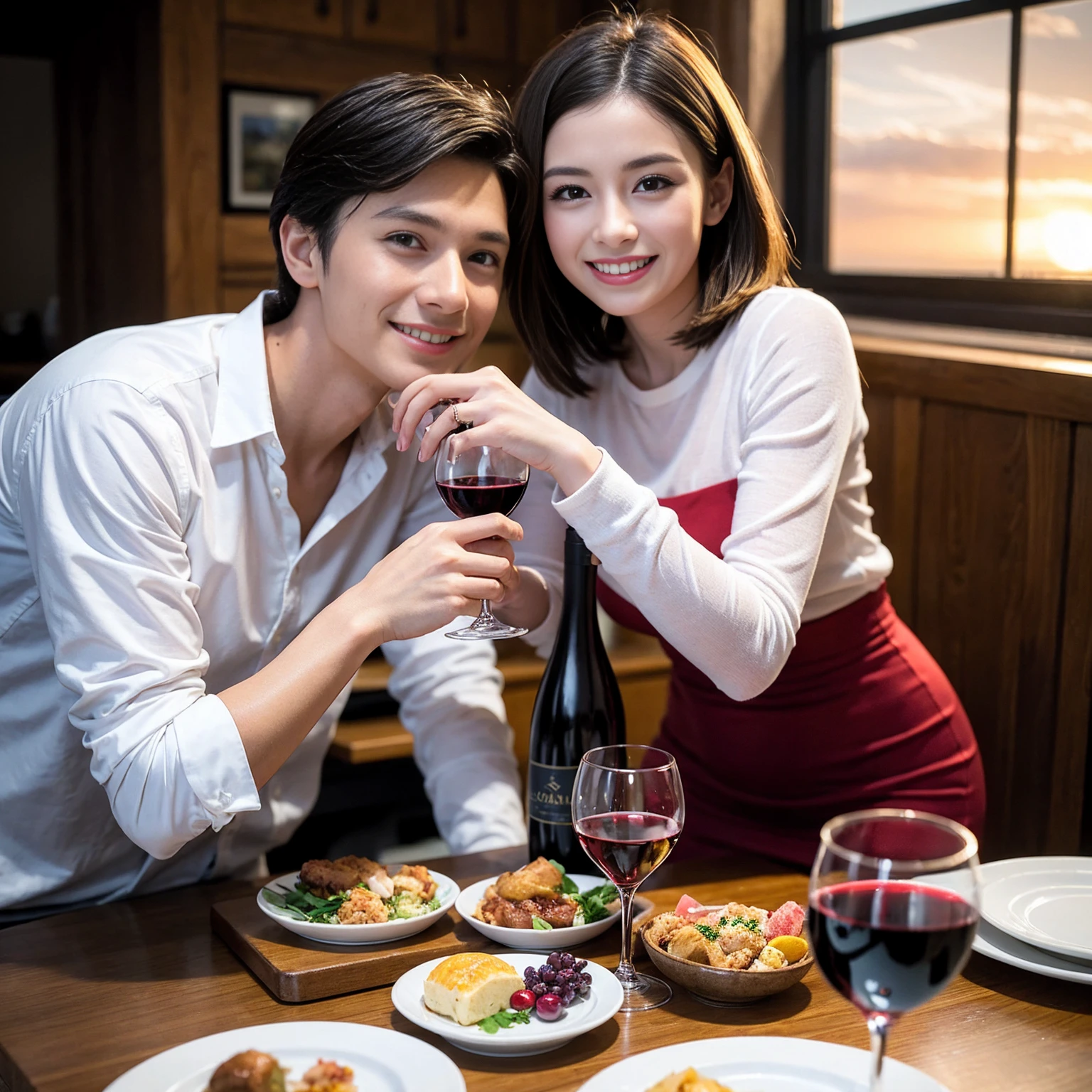 ((Highest quality、8K、masterpiece:1.3))、 (Ultra-realistic、 Genuine、Bright image、Intricate details:1.2), 最高のsmile、1 male、1 female、Beautiful couple、love love love、Lover in Hokkaido、Good friends、actress couple、smile、Full-course dinner at a packed table、 (Slim face), (the body is slim), (Brown Hair), (short hair), テーブルのwine glass、Please shine a light on my face、 Amazing view of the sunset sky and clouds、s old, red wine 、Wine bottle、sparkling wine、Long sleeve shirt、dress、White wine, red wine, wine glass,